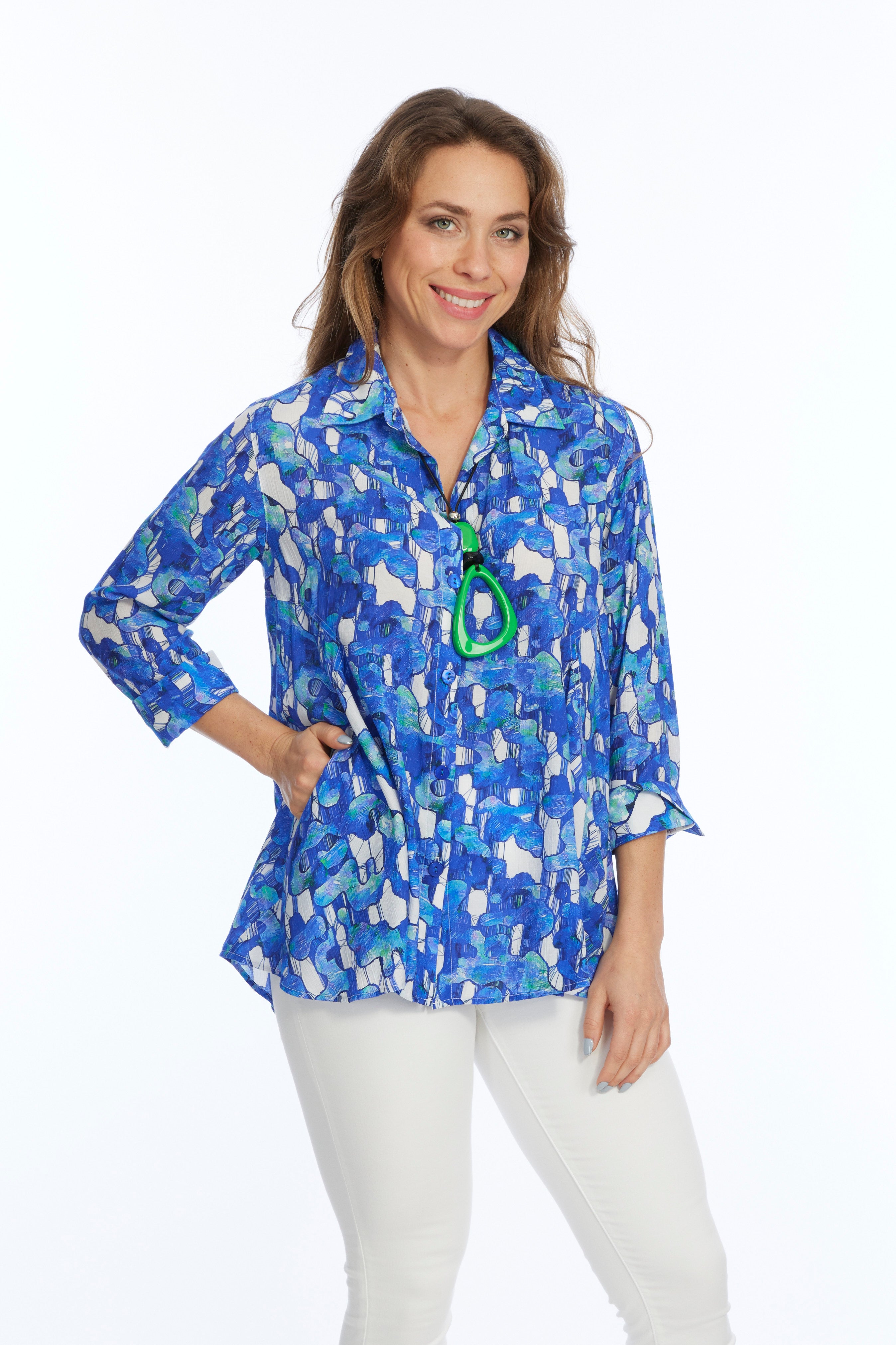 Bright blue button-down tunic top 