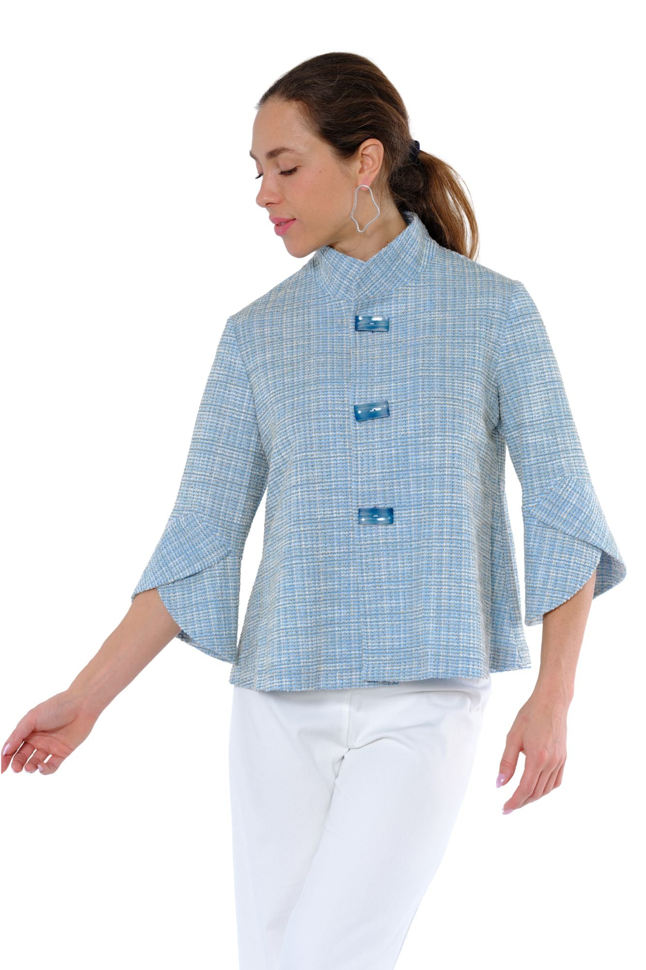 Light blue tweed swing jacket for women with stand collar and 3/4 bell sleeves