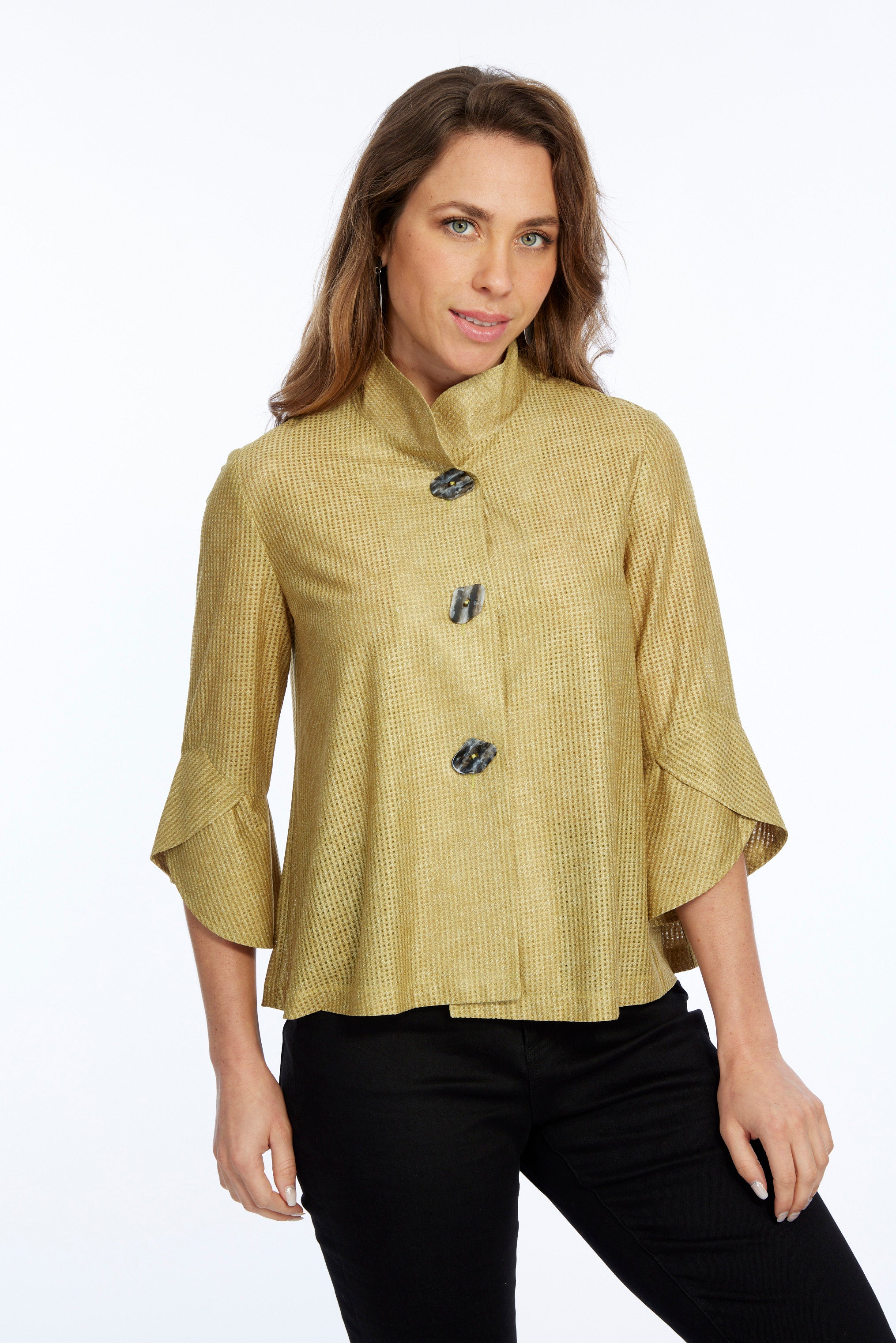 gold mesh jacket lightweight and shimmering design.
