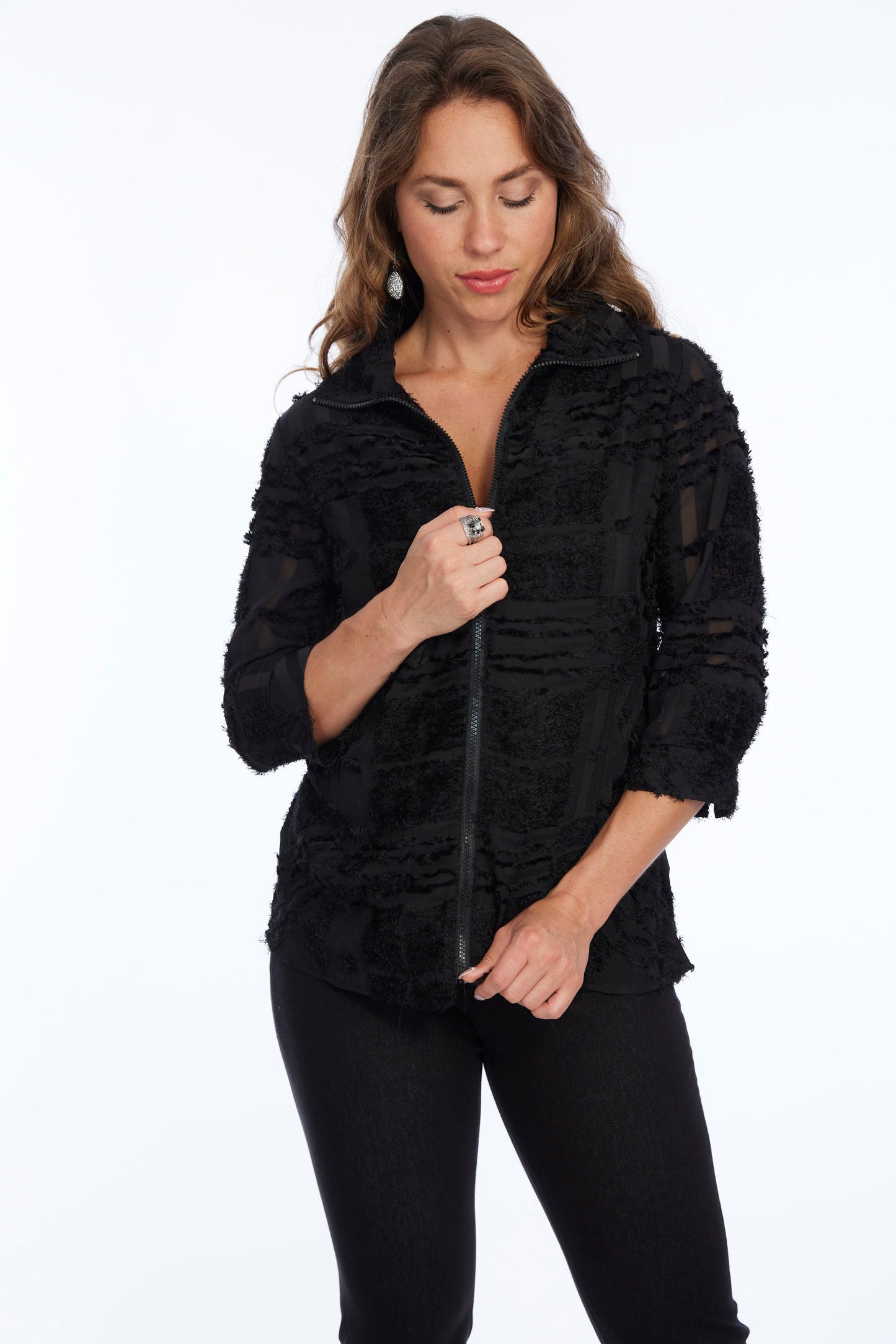 Elegant Black Semi Sheer Zipper Jacket | VICTORIA LIOR