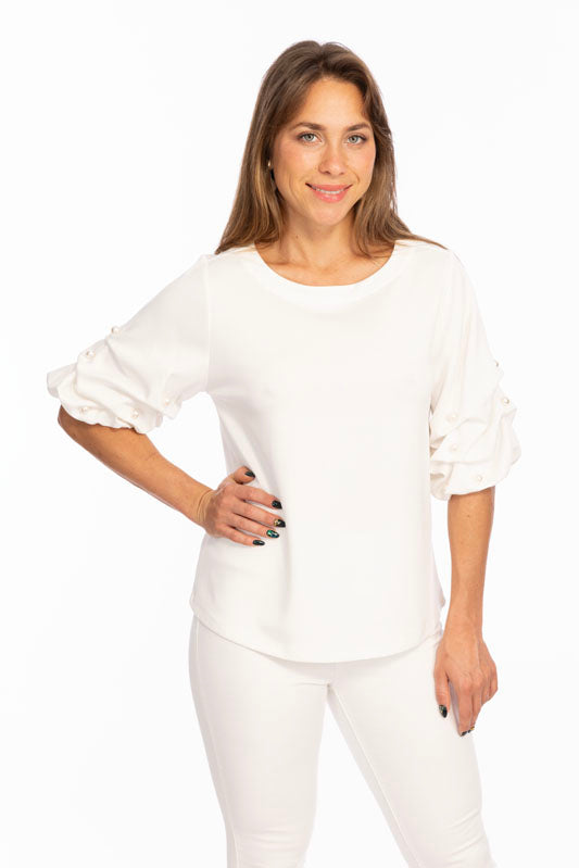 Soft Buttery Knit Top With Pearls Puff Sleeves Detailing LIOR | ZILA