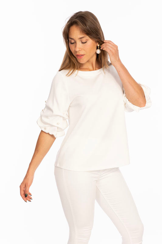 Soft Buttery Knit Top With Pearls Puff Sleeves Detailing LIOR | ZILA