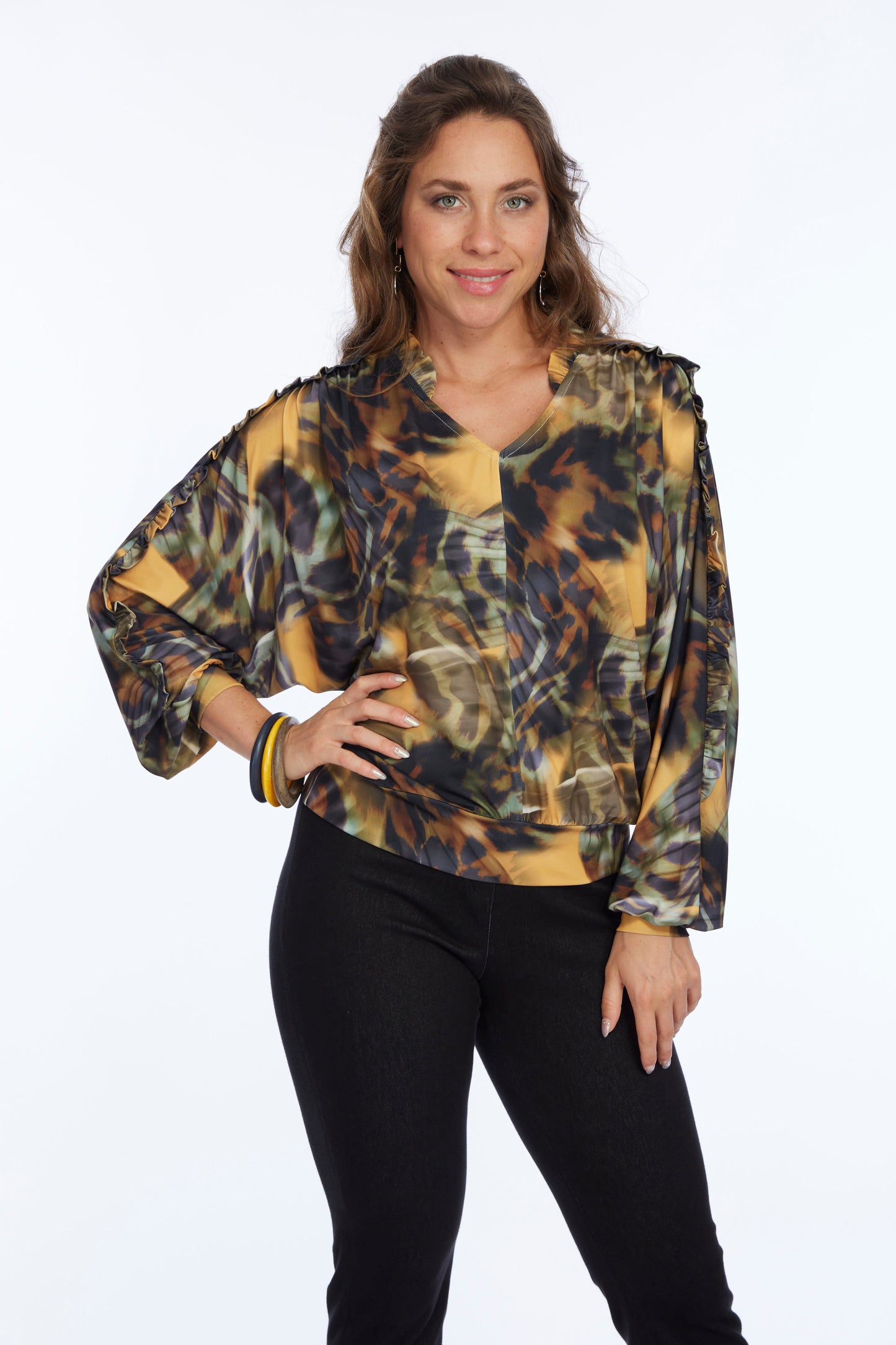 Lior Women V-Neck Blouse Long Sleeve with Ruffle Trim Detail