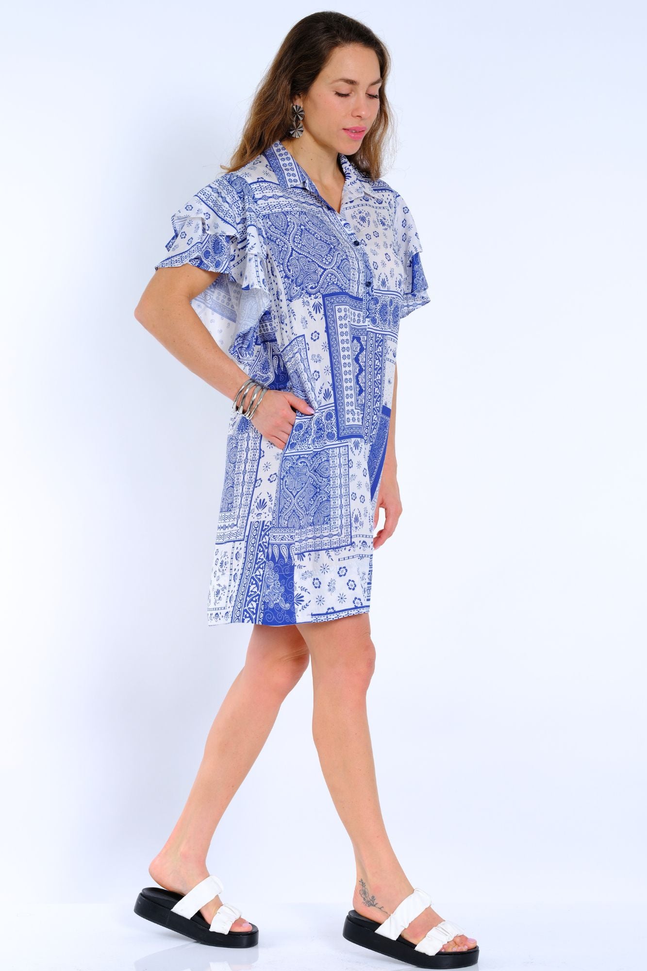 Casual blue knee length dress with flounce sleeves for women