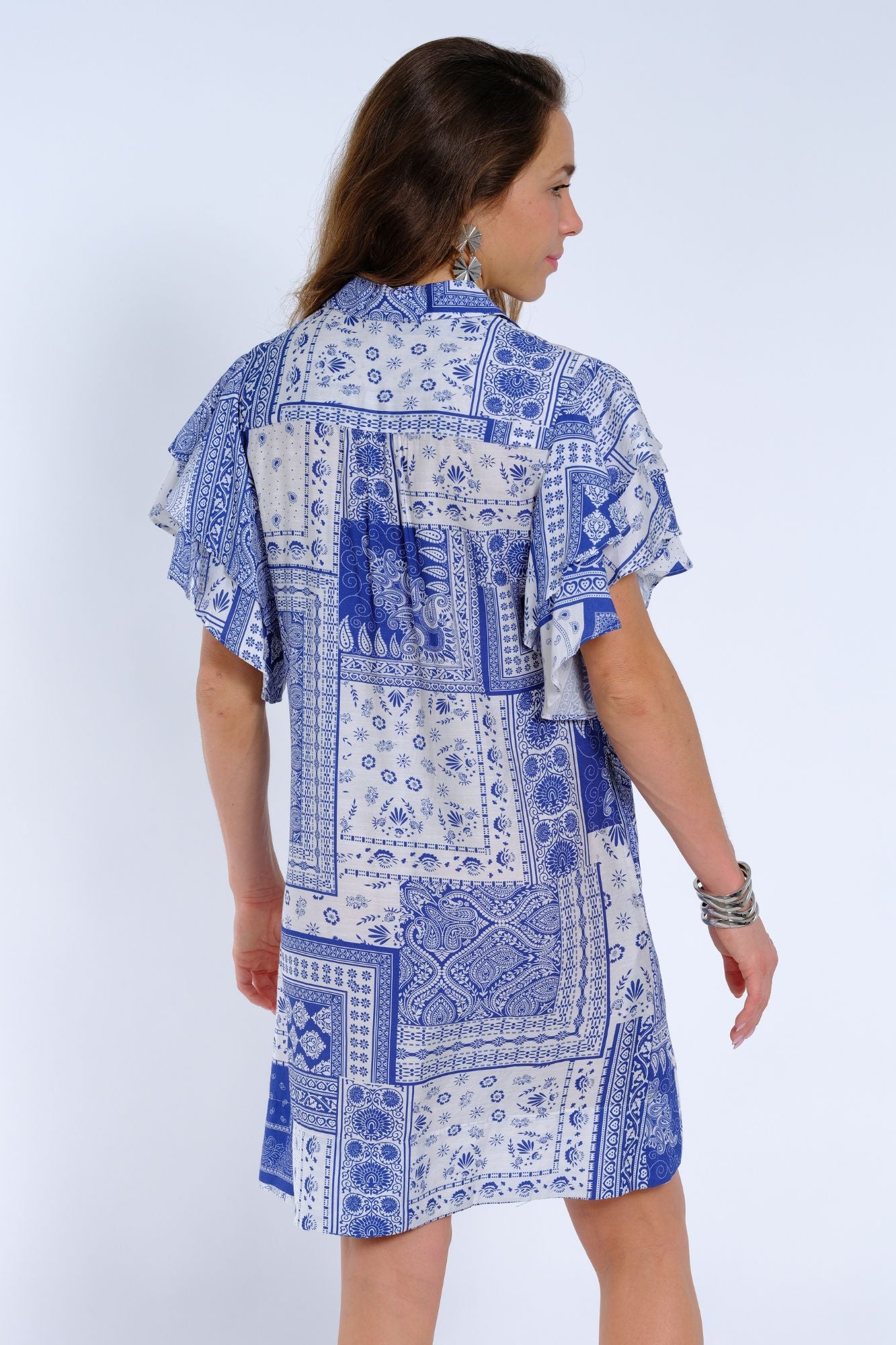 Blue dress knee length with stylish flounce sleeves for women