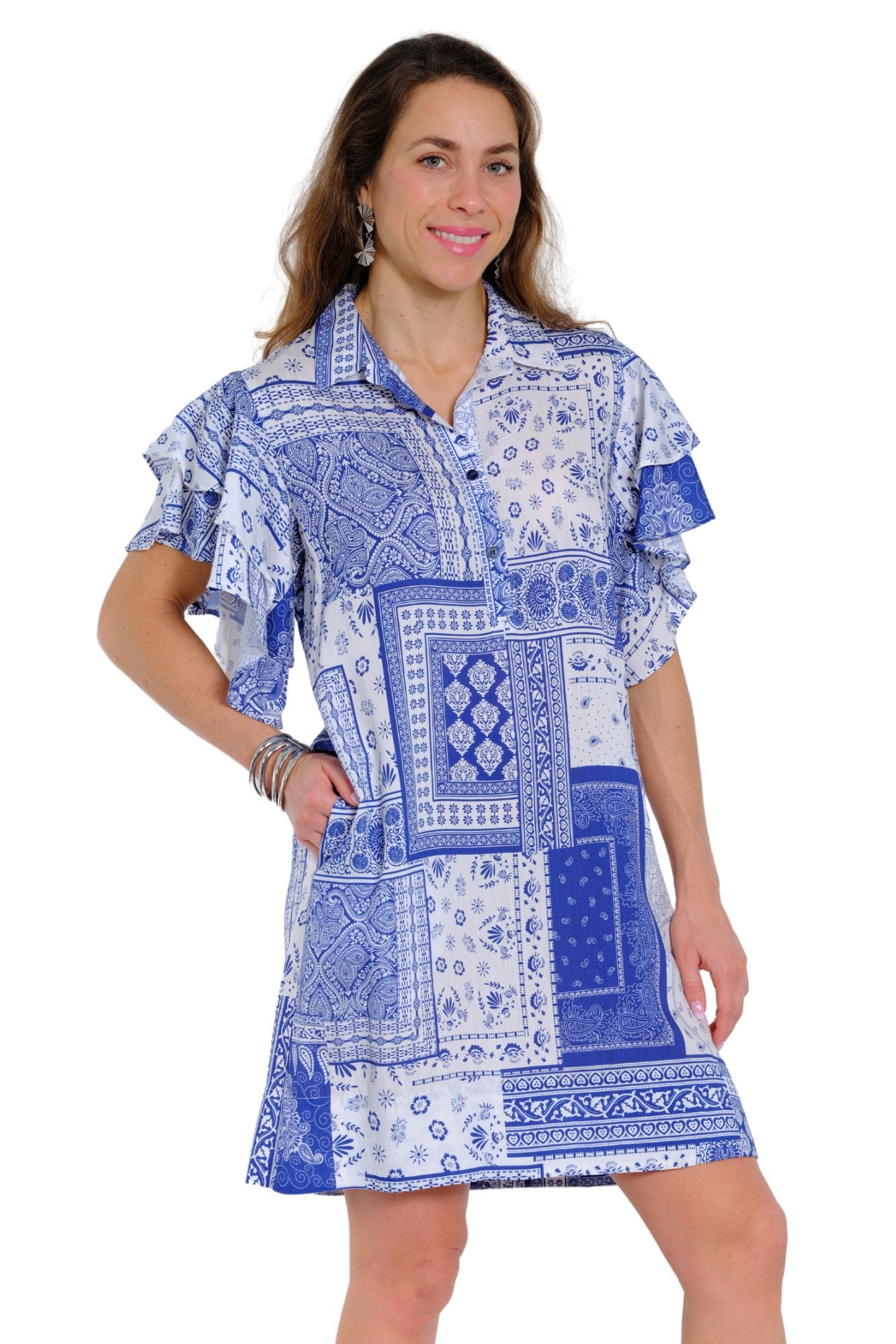 Blue knee length dress for women with double flounce sleeves and pullover style