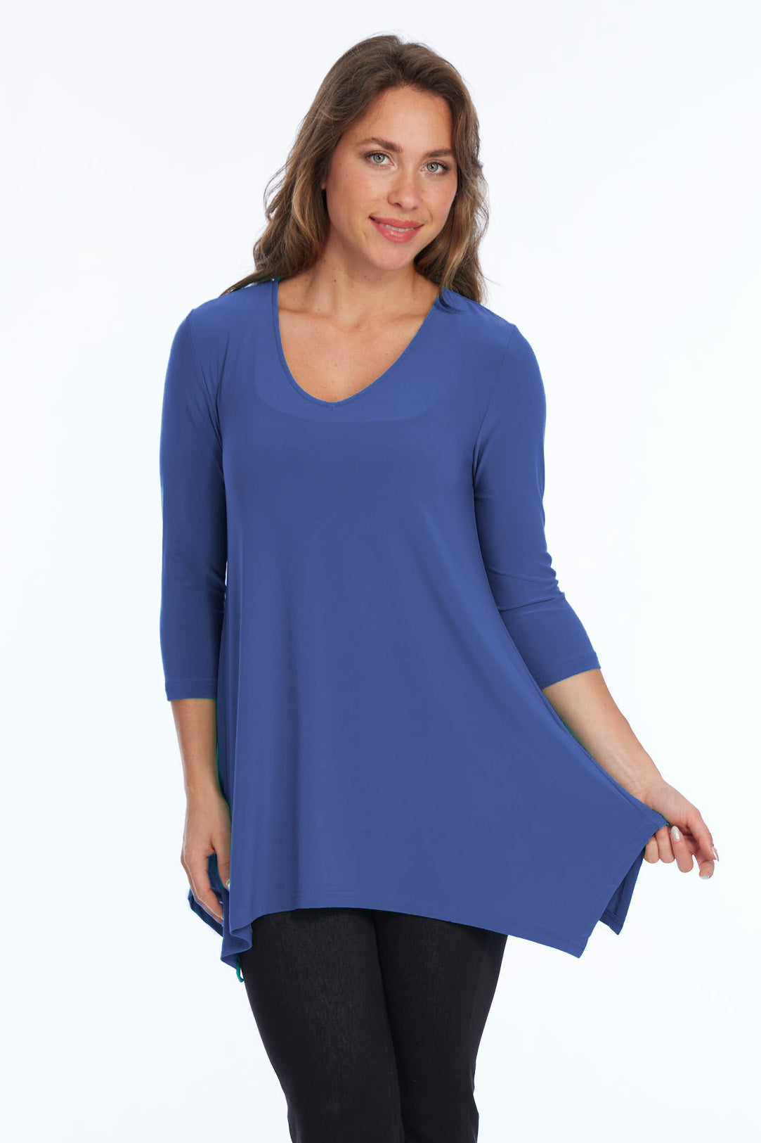 Alisha D High Low V Neck Tunic Top 3/4 Sleeves
