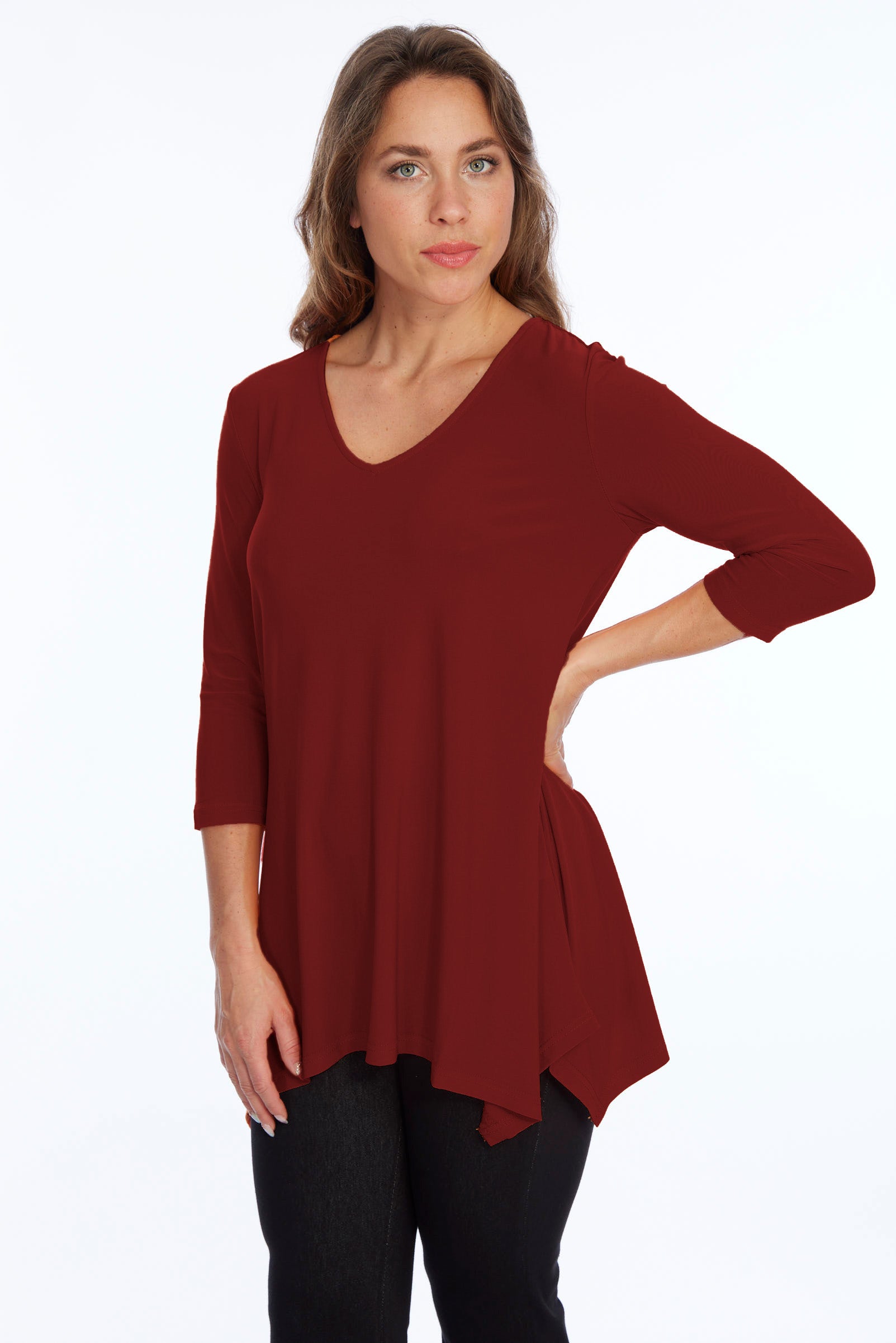 Alisha D High Low V Neck Tunic Top 3/4 Sleeves