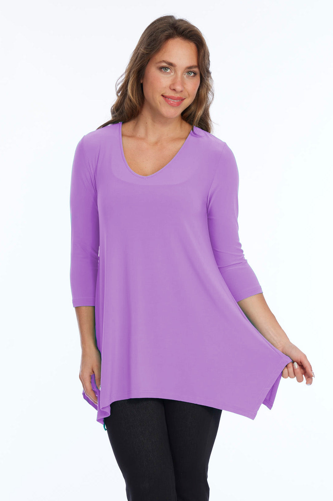 Alisha D High Low V Neck Tunic Top 3/4 Sleeves