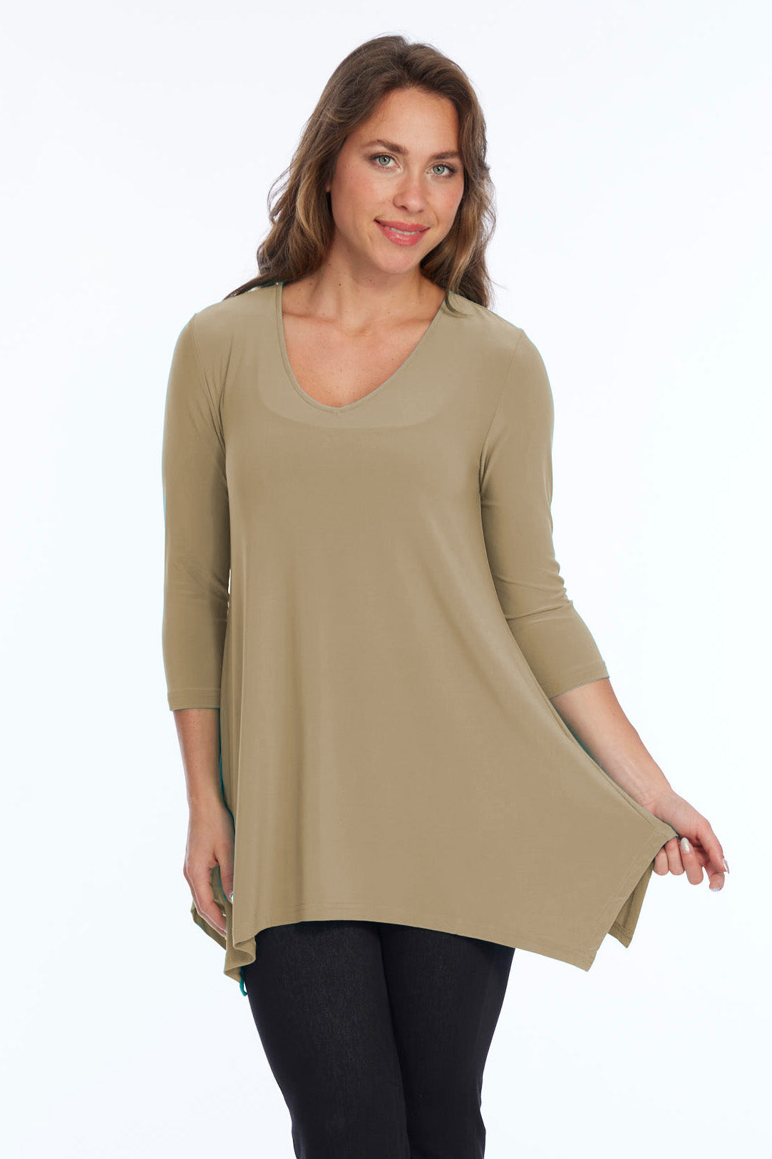 Alisha D High Low V Neck Tunic Top 3/4 Sleeves