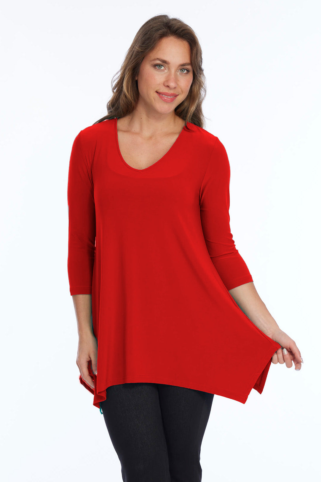 Alisha D High Low V Neck Tunic Top 3/4 Sleeves