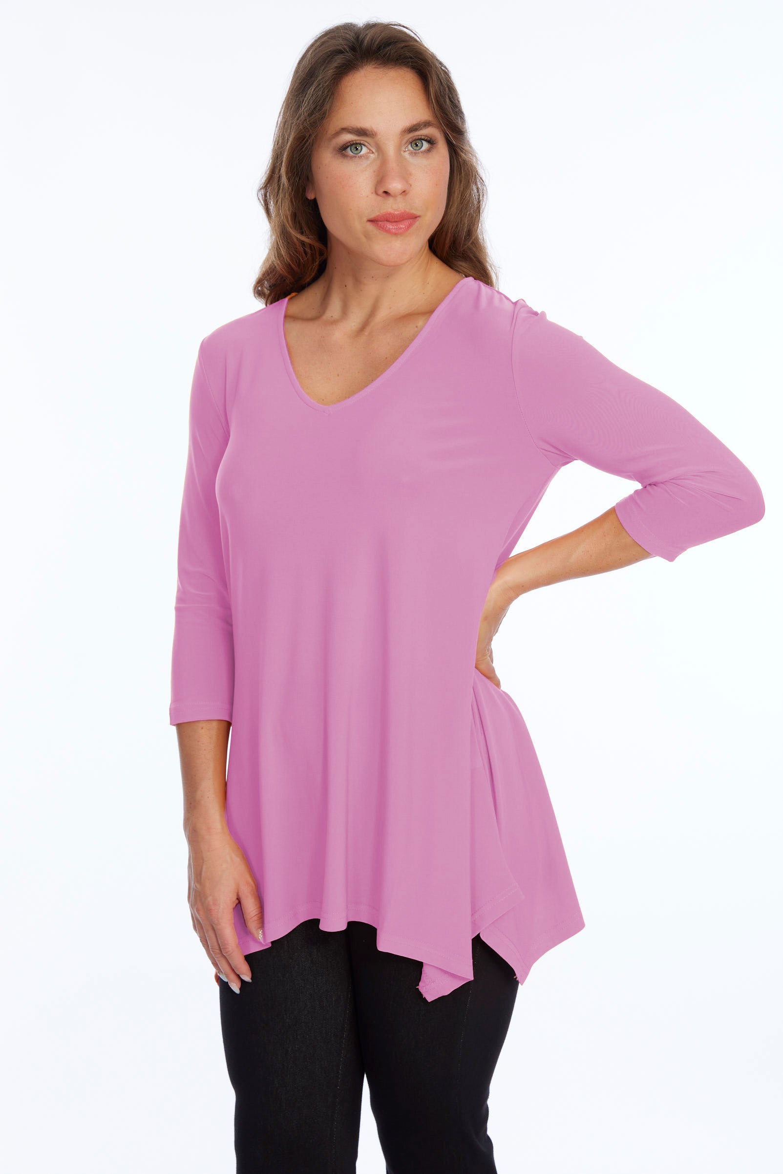 Alisha D High Low V Neck Tunic Top 3/4 Sleeves