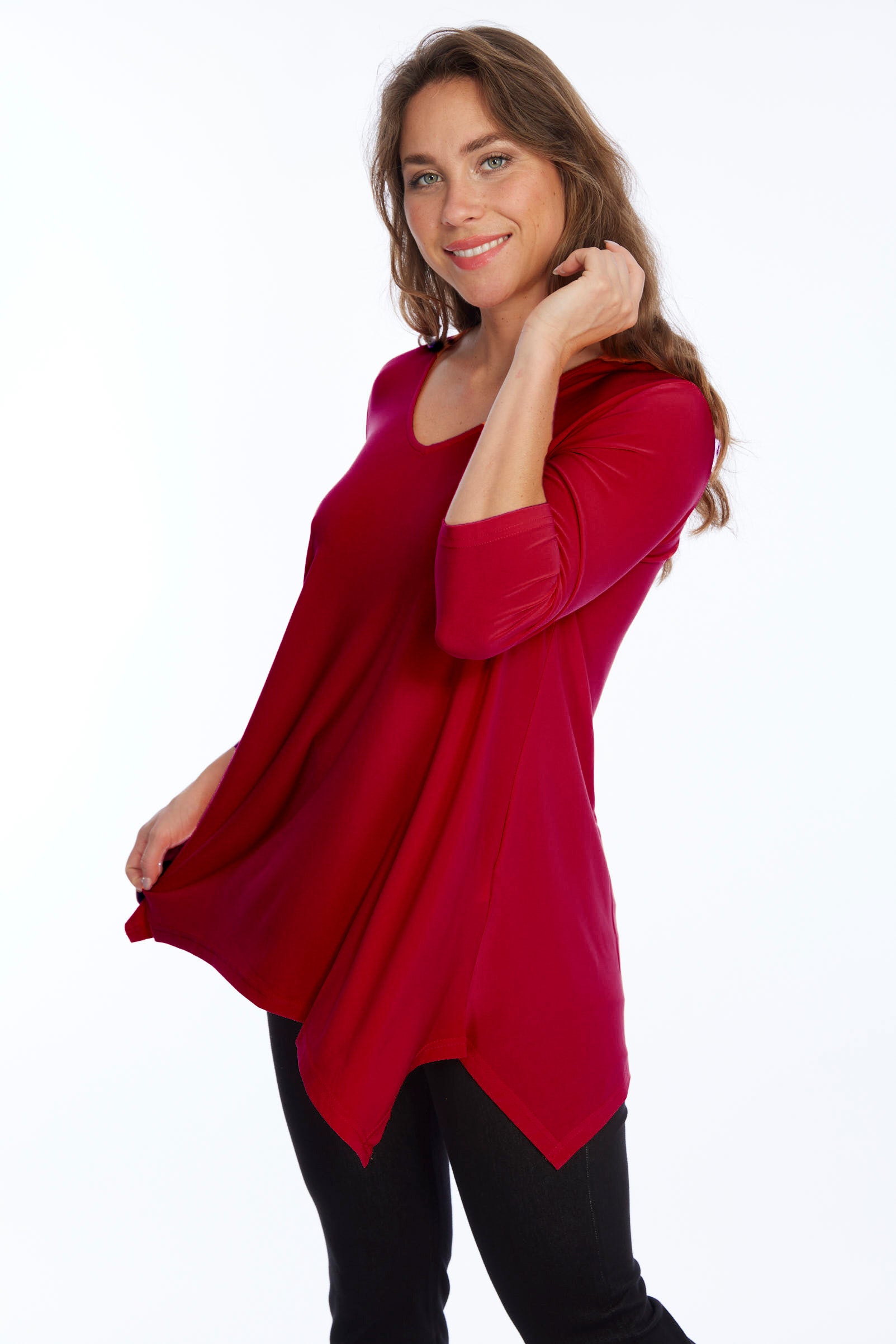 Alisha D High Low V Neck Tunic Top 3/4 Sleeves