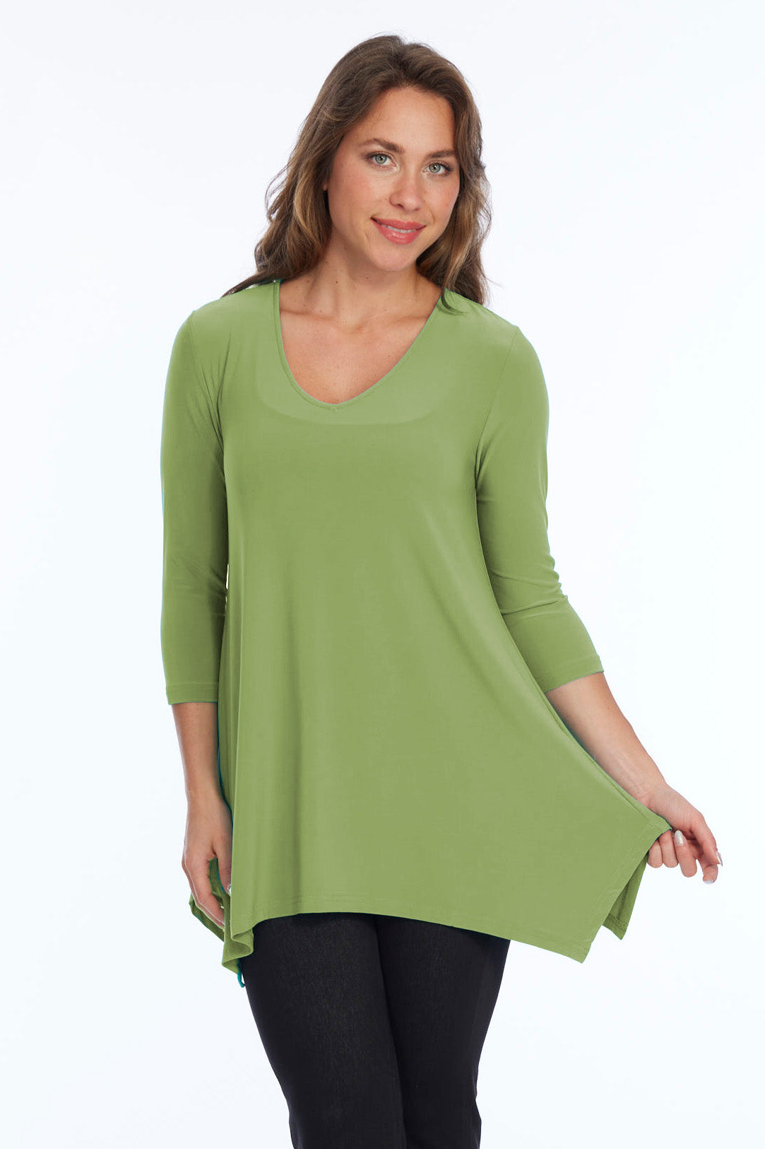 Alisha D High Low V Neck Tunic Top 3/4 Sleeves