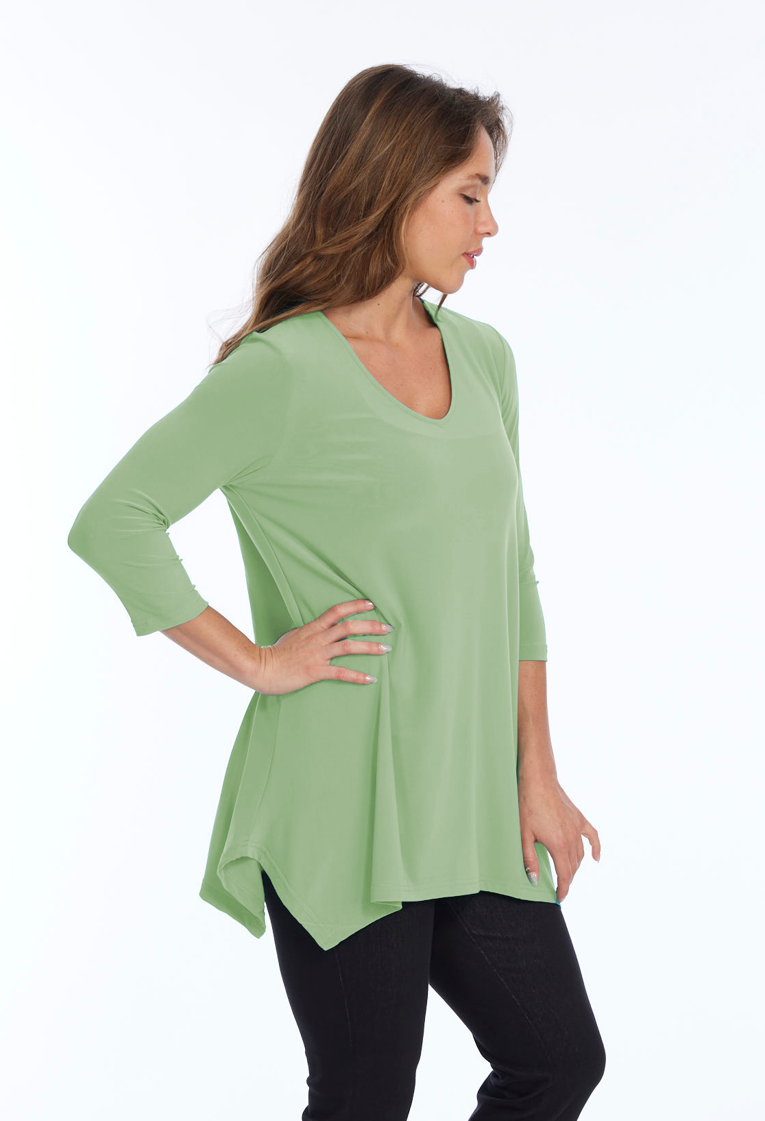 Alisha D High Low V Neck Tunic Top 3/4 Sleeves