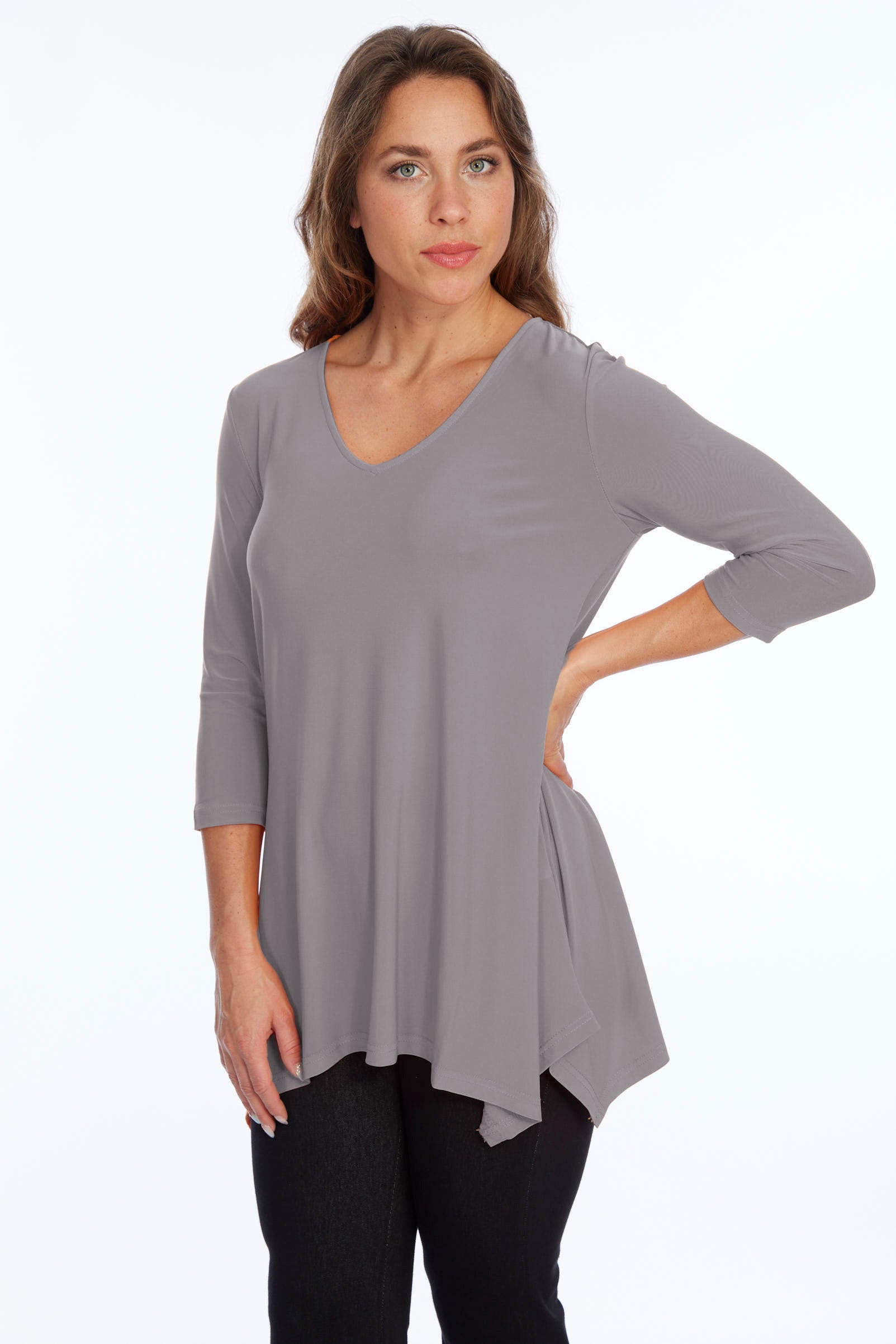 Alisha D High Low V Neck Tunic Top 3/4 Sleeves