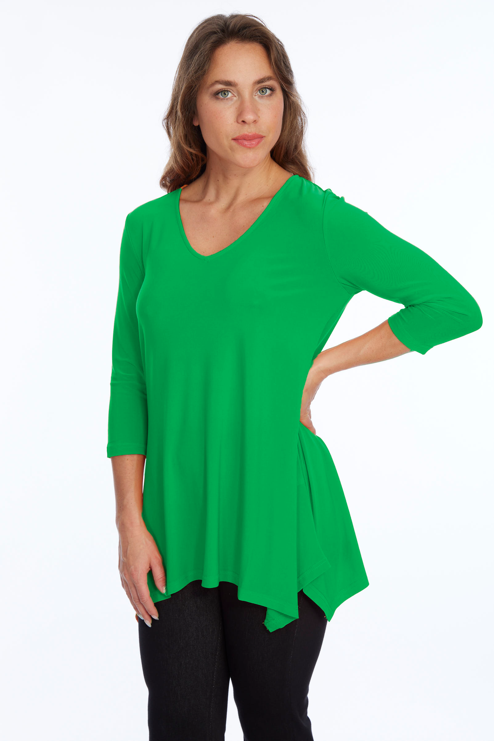 Alisha D High Low V Neck Tunic Top 3/4 Sleeves