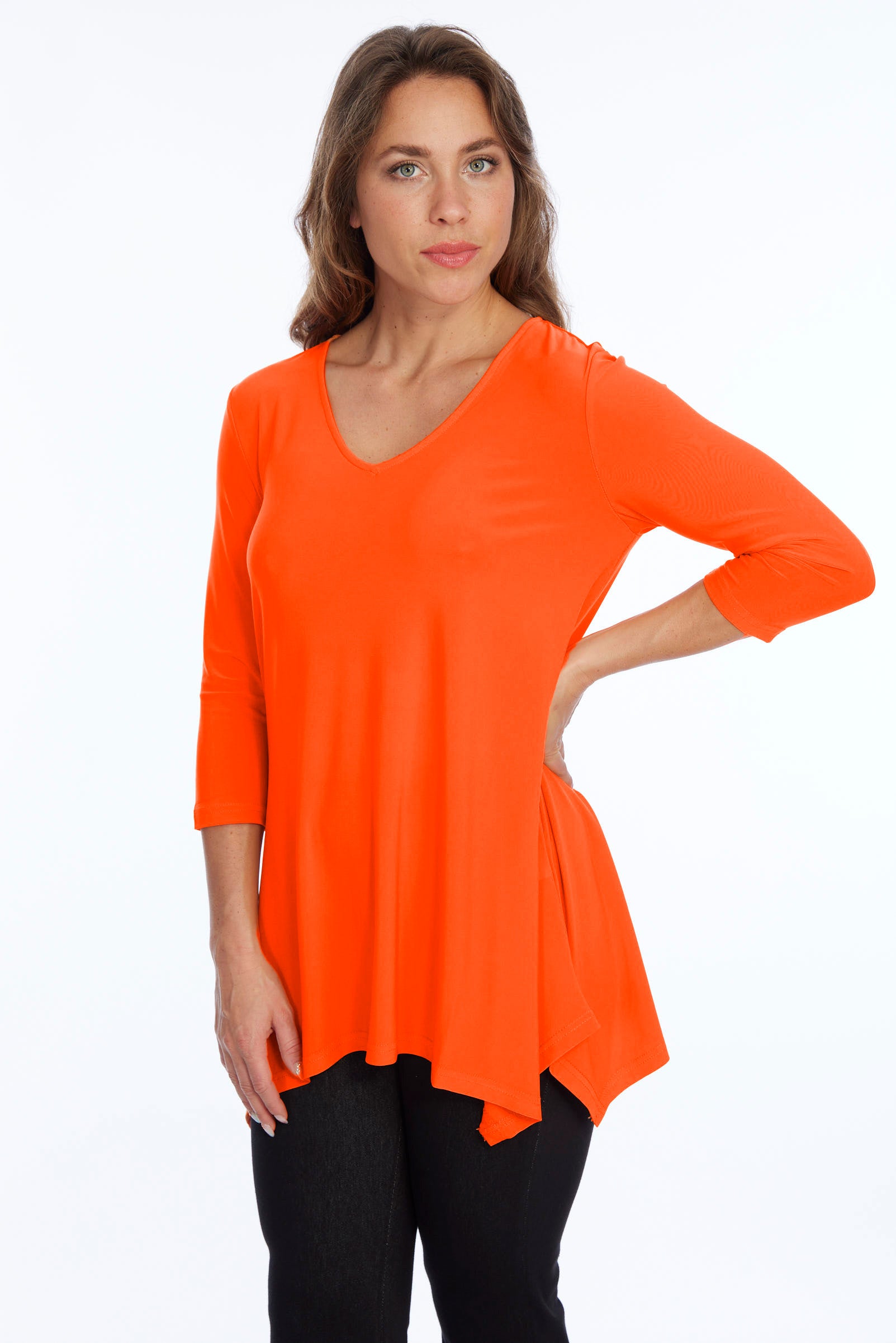 Alisha D High Low V Neck Tunic Top 3/4 Sleeves