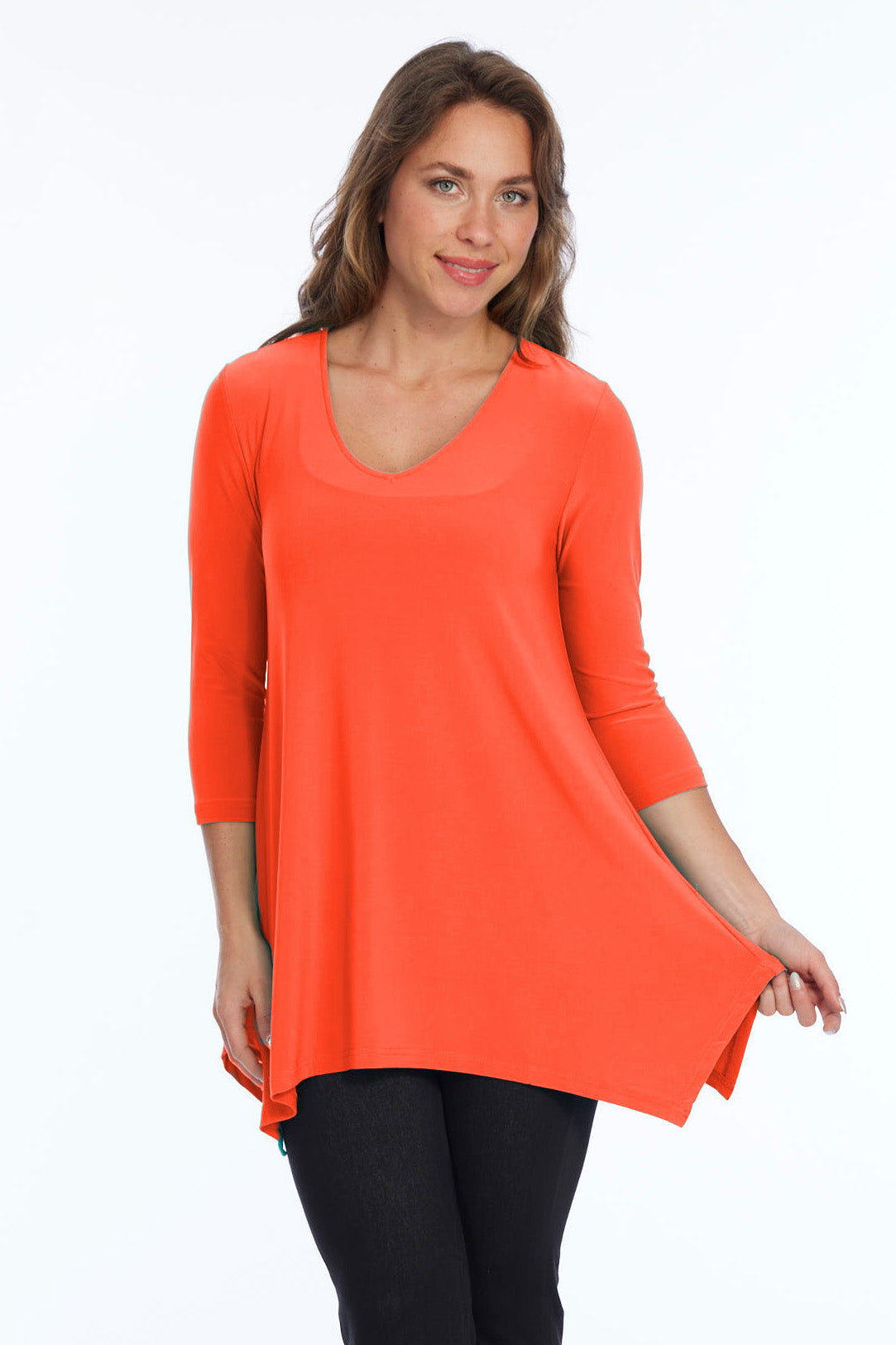 Alisha D High Low V Neck Tunic Top 3/4 Sleeves