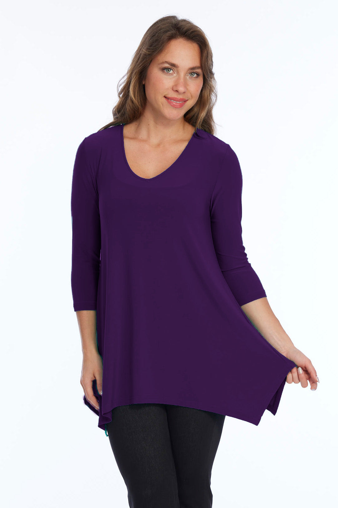 Alisha D High Low V Neck Tunic Top 3/4 Sleeves