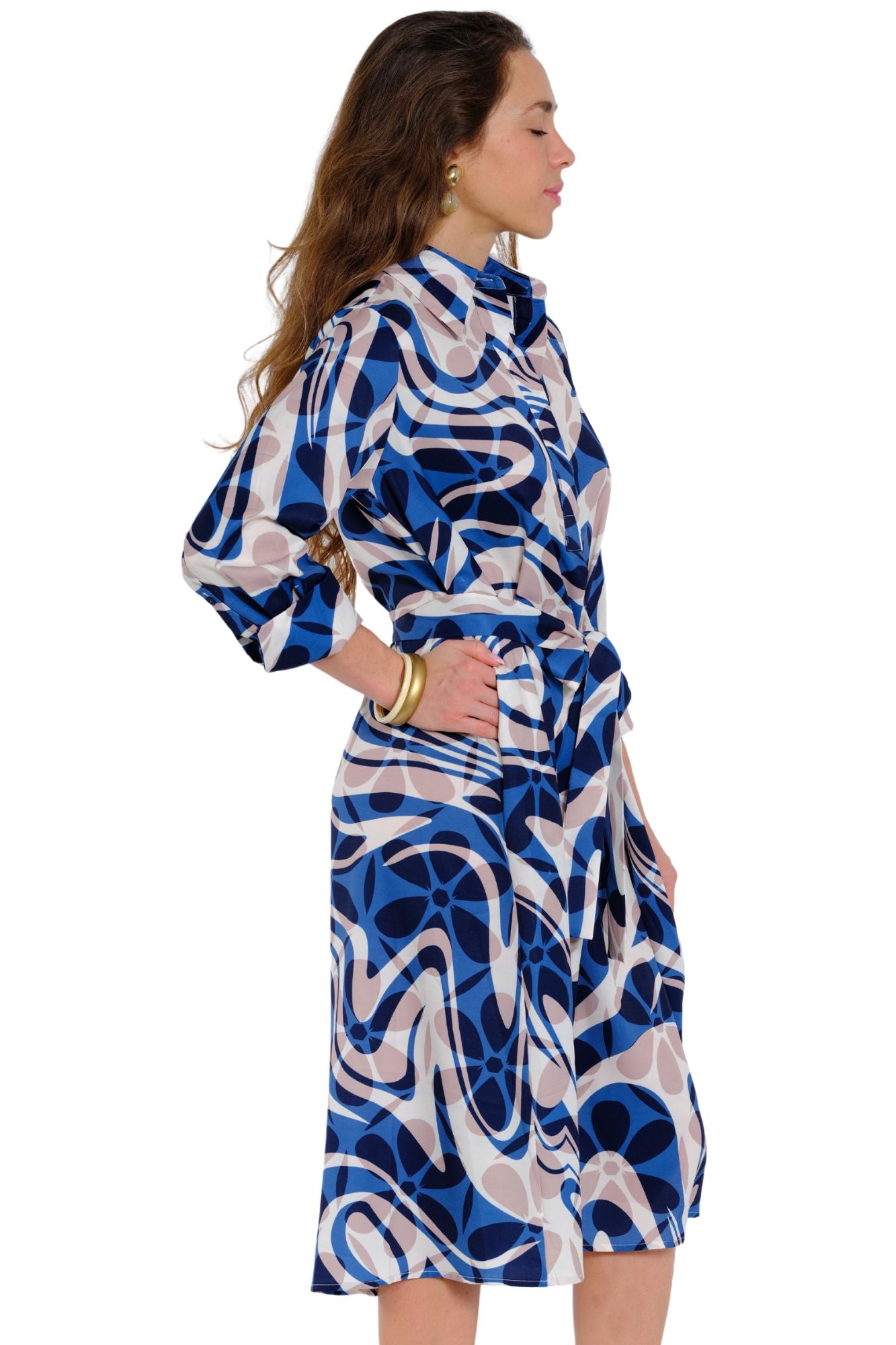 Stylish blue dress with sleeves and waist belt design for women