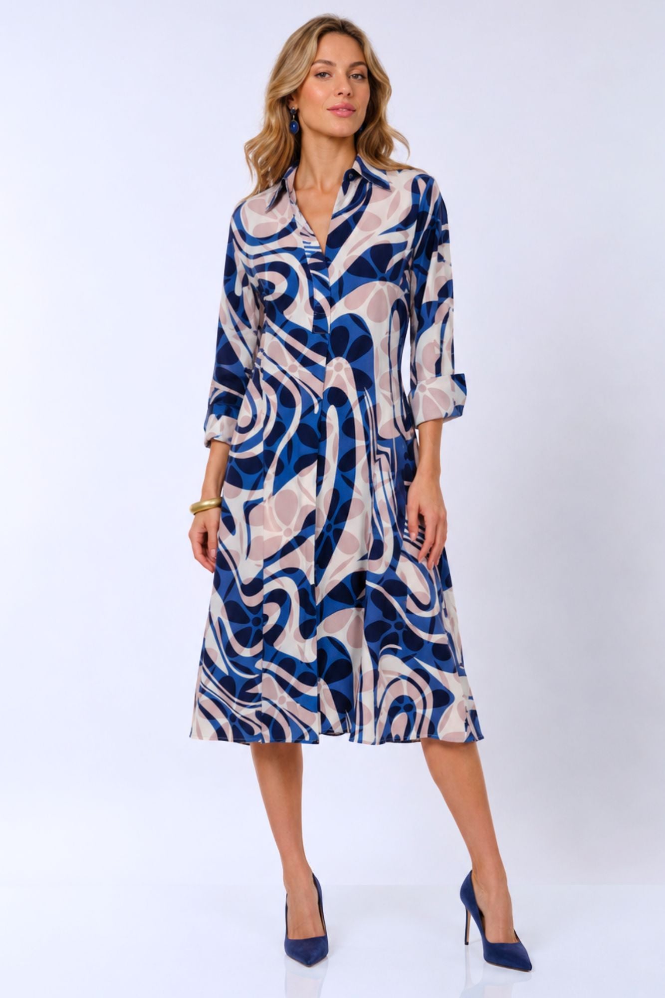 LIOR Women's Blue Dress with Long Sleeves and Waist Belt - "Alina"