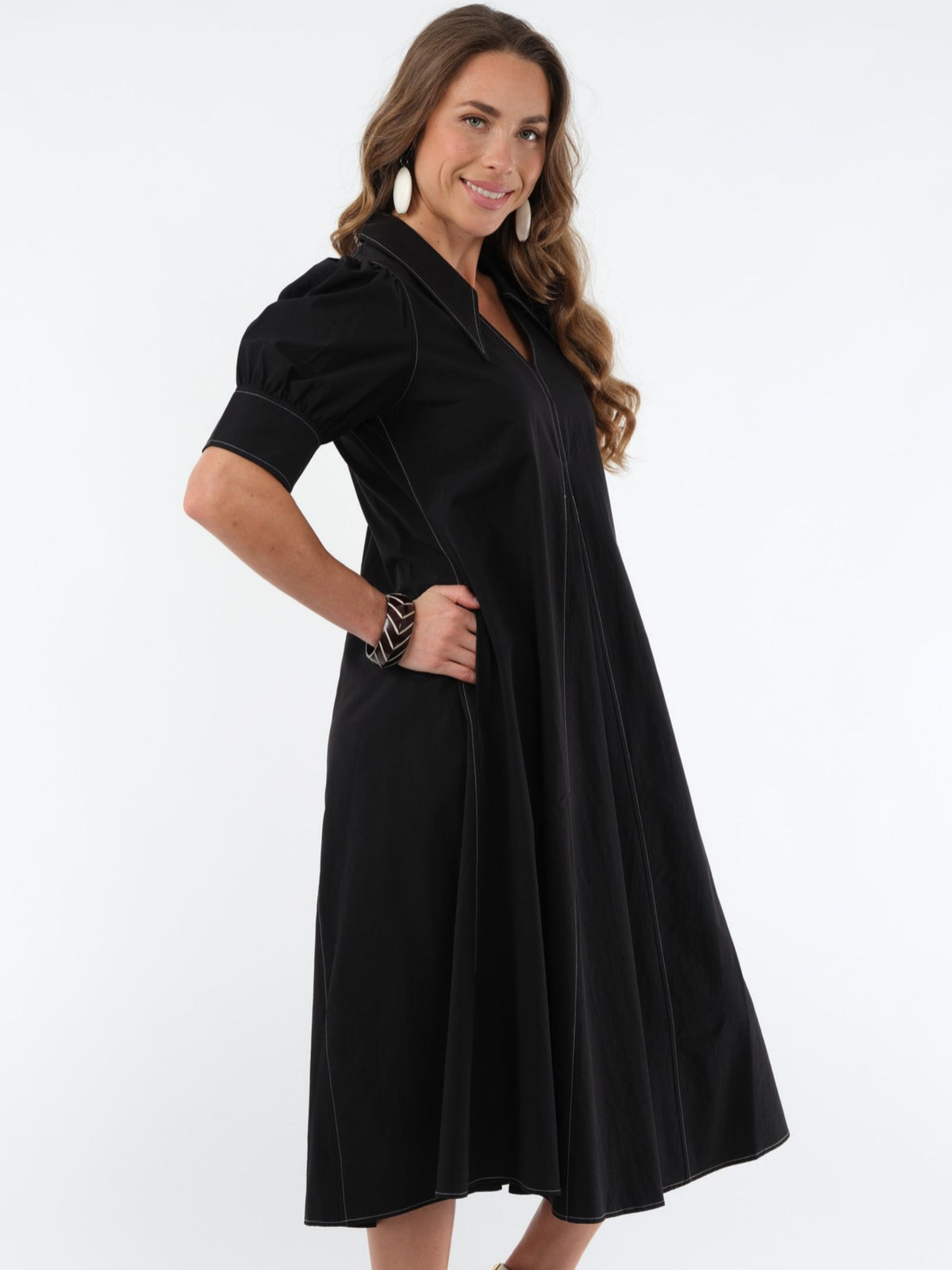 LIOR Women's Long Pointed Collar Black Dress With Puff Sleeves - "Amber"