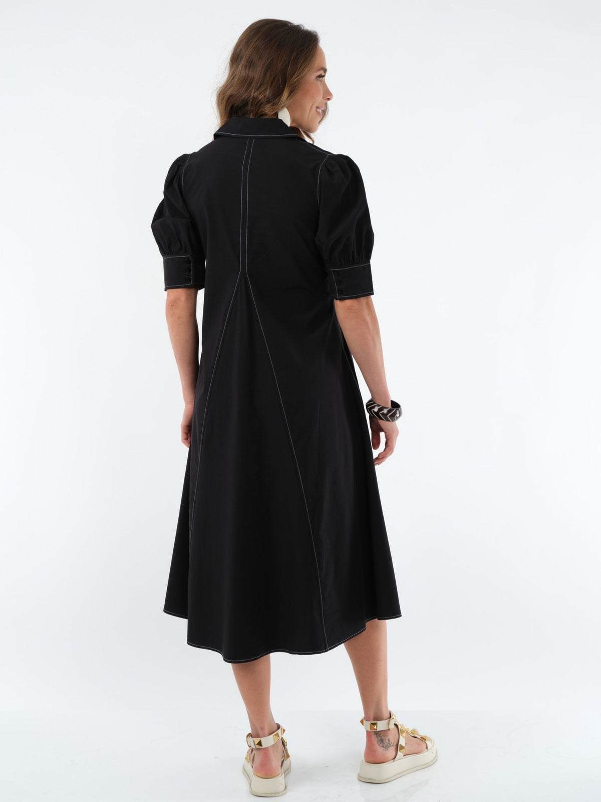 LIOR Women's Long Pointed Collar Black Dress With Puff Sleeves - "Amber"
