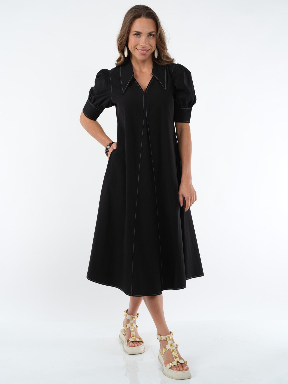 LIOR Women's Long Pointed Collar Black Dress With Puff Sleeves - "Amber"