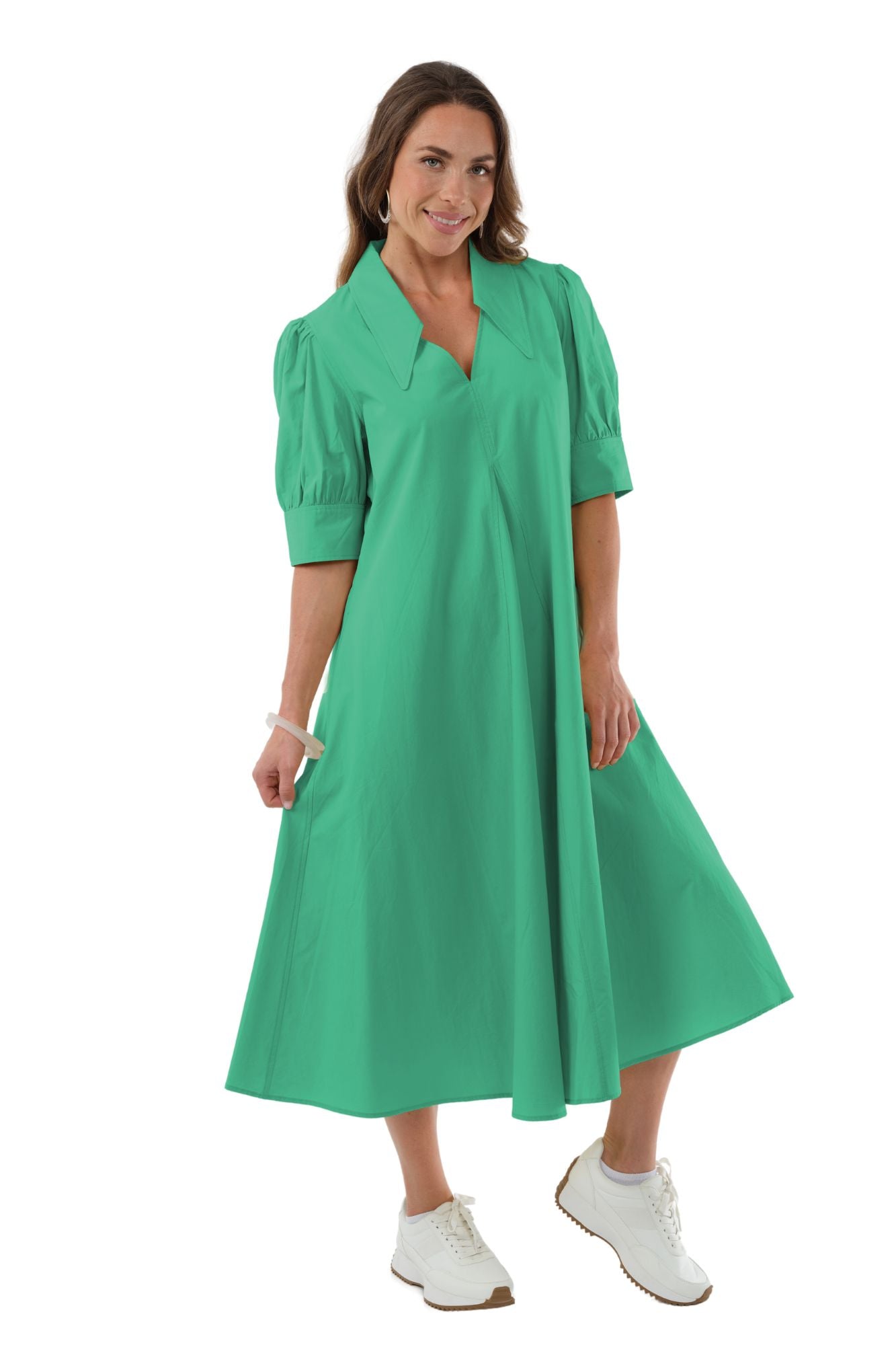LIOR Women's Long Pointed Collar Cotton Jade Green  Dress With Puff Sleeves - "Amber"
