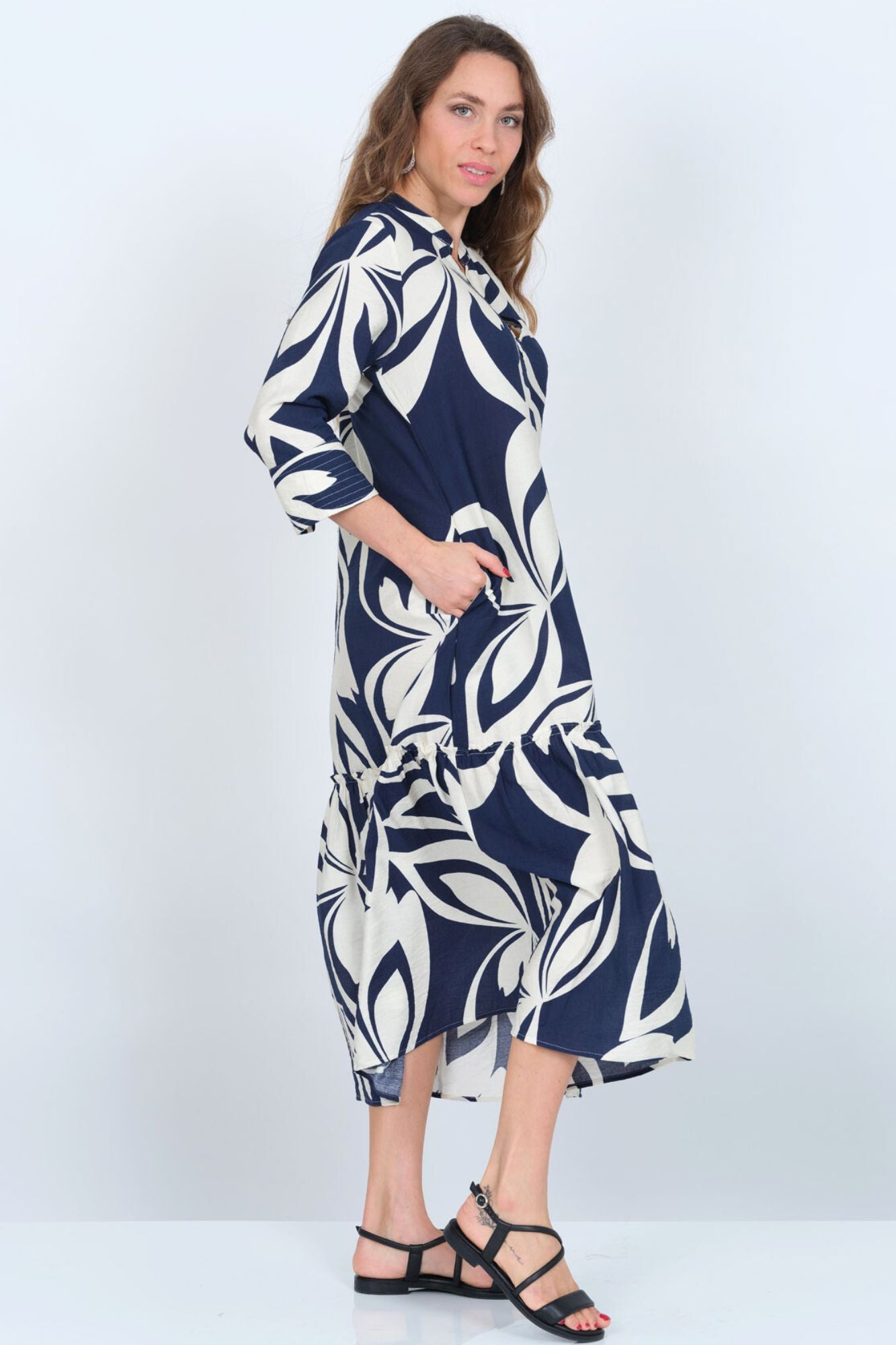 Women's Long Maxi Dress Leaf Print With 3/4 Cuff Sleeves- "Amsterdam"