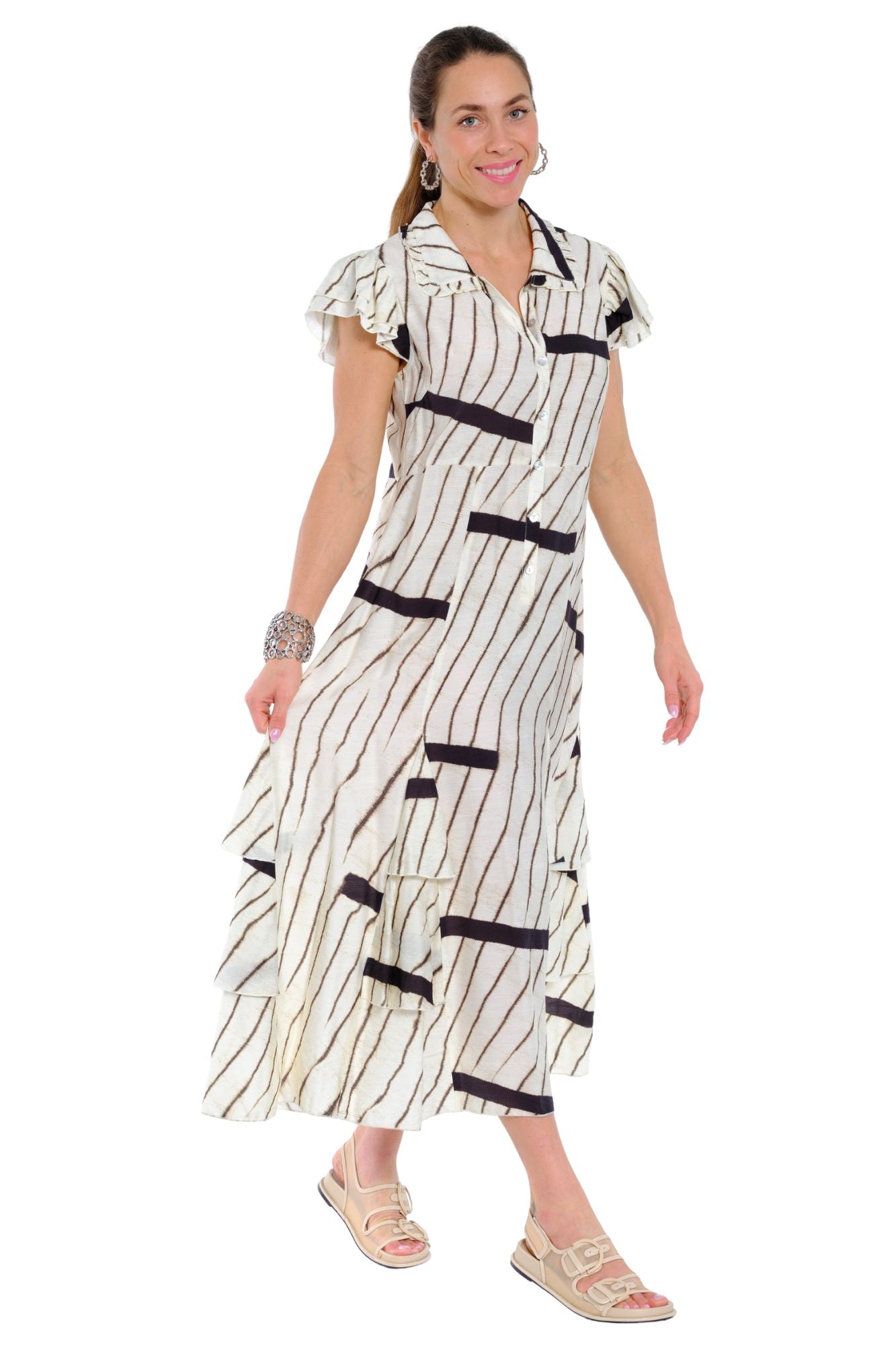LIOR Armenia cream and navy stripe button-front midi shirt dress for women, lightweight wrinkle-resistant travelwear