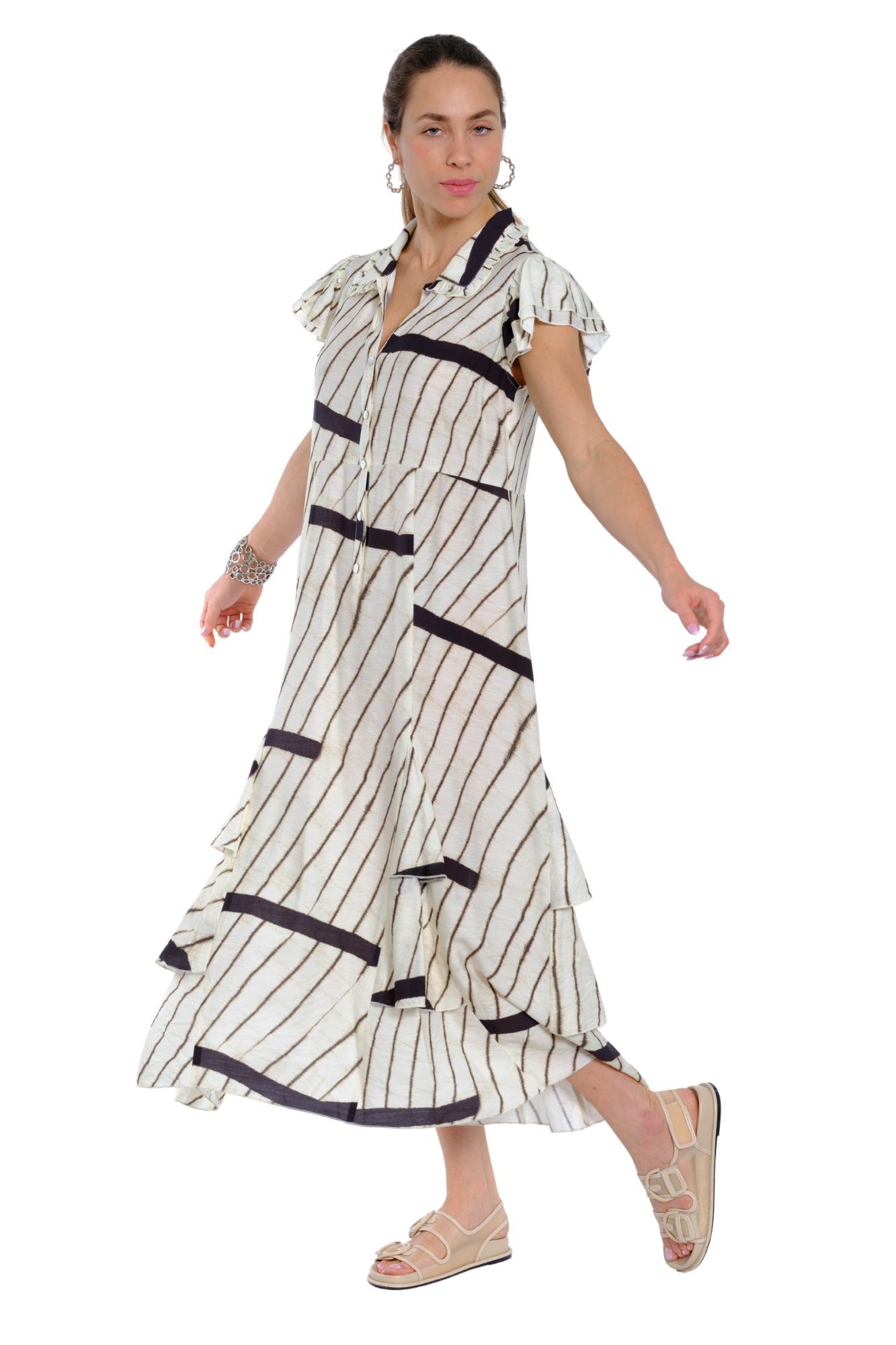 Womens black and white striped dress with ruffle sleeves and half placket