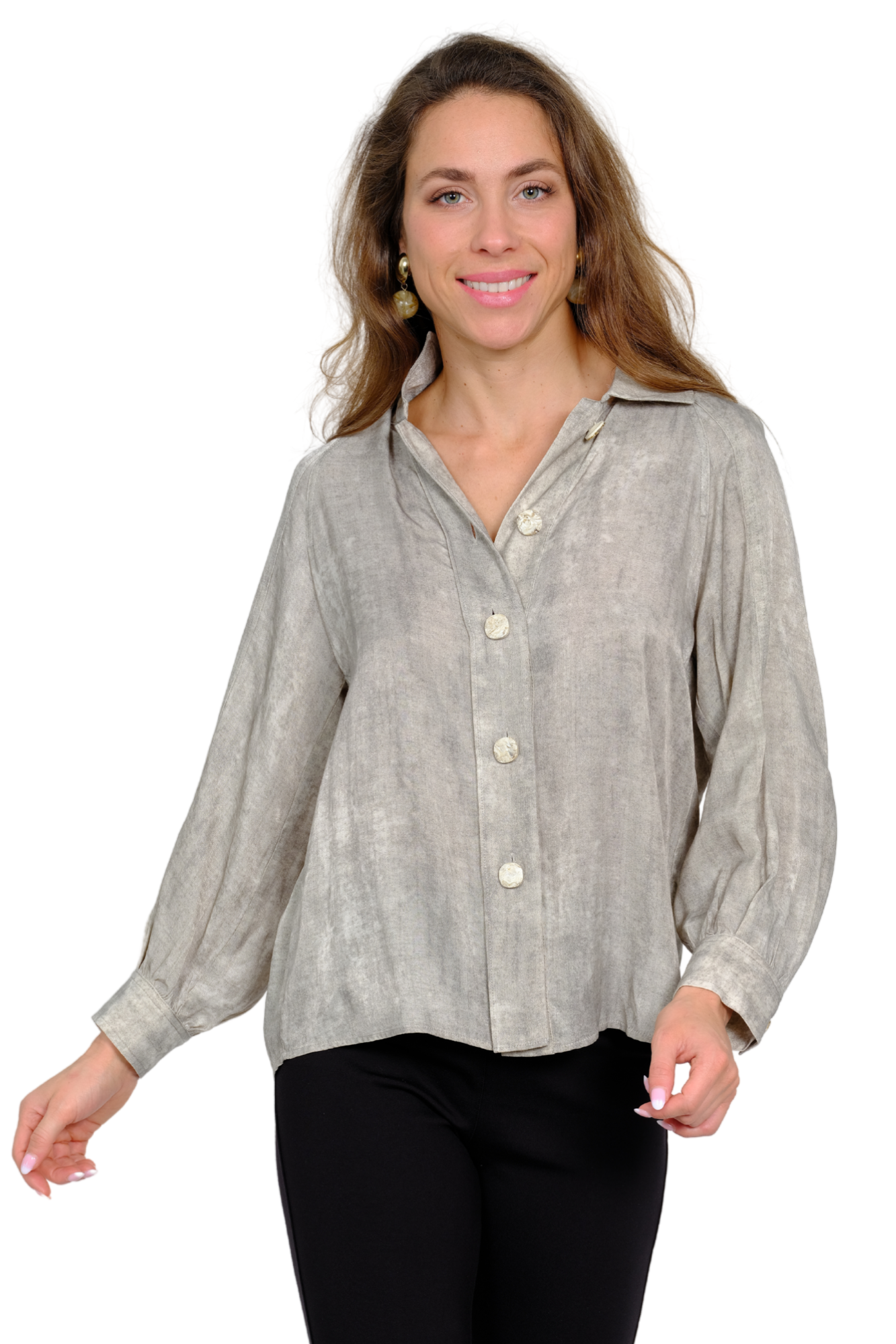 LIOR Women's Beige Textured Button Front Blouse Neutral Long Sleeve - "Columbia"
