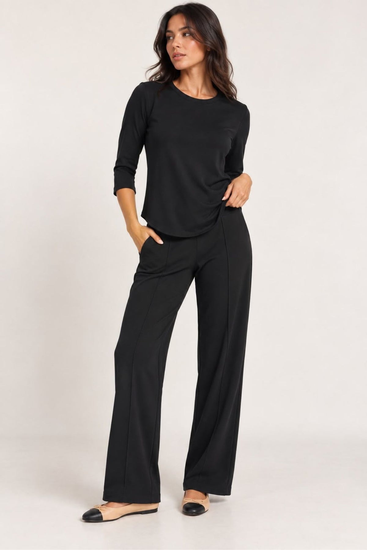 Women's 2 Piece Black Leisure Set Ft. Zofi 3/4 Knit Top & 28" Inseam Pull On Tapered Pant - "Zia"