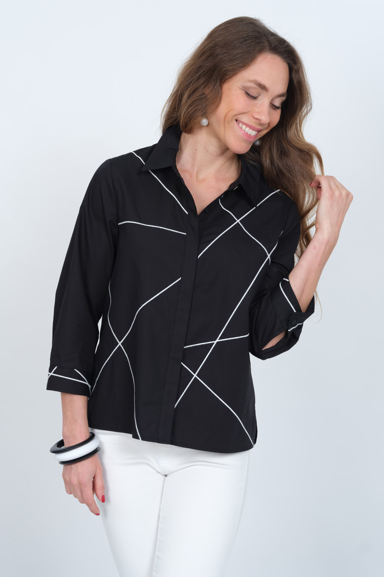 LIOR Women's Cotton Collar Black Shirt Blouse 3/4 Sleeves - "Elaine"