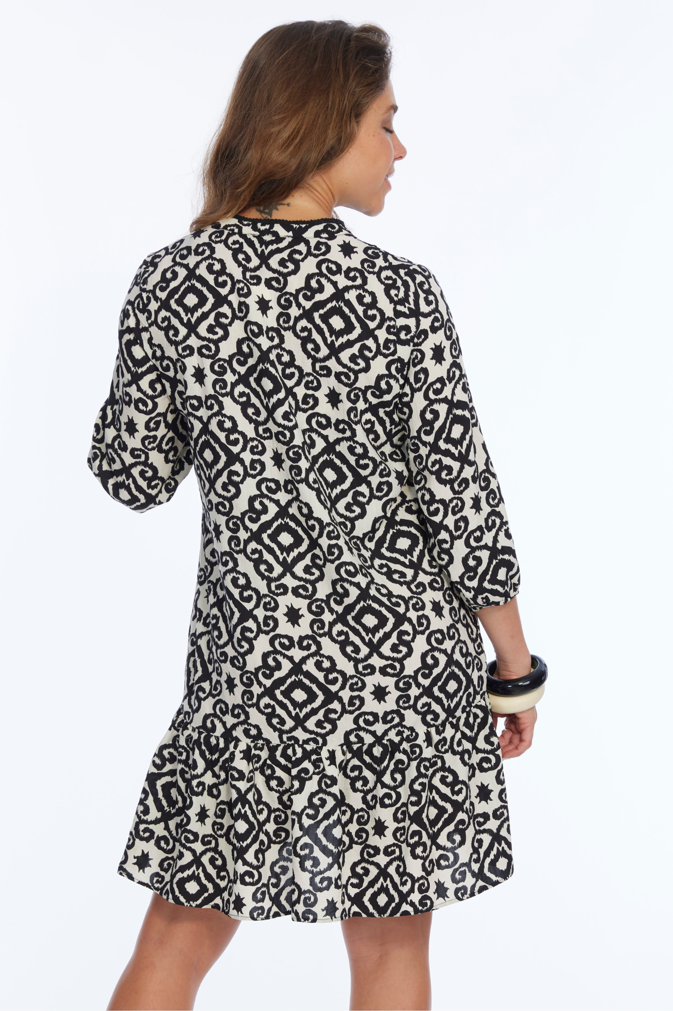 Black & White Boho Print Dress With Mandarin Collar | VITA LIOR