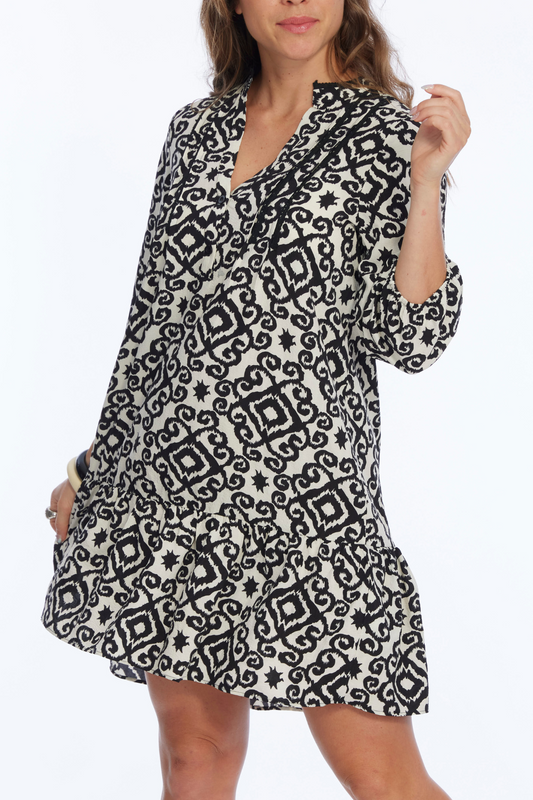 Black & White Boho Print Dress With Mandarin Collar | VITA LIOR