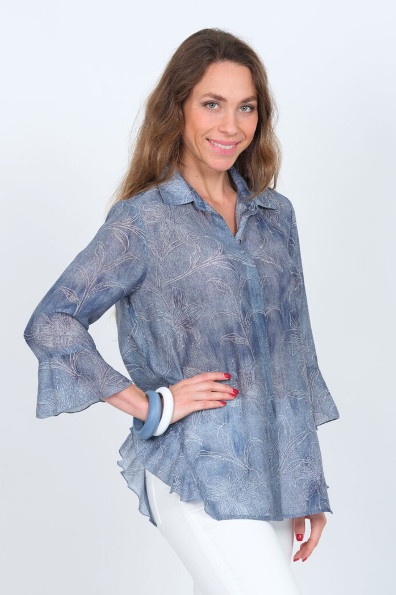 LIOR Women's Blue Leaf Print Blouse With 3/4 Flowy Sleeves & Side Flounce - "Happy"