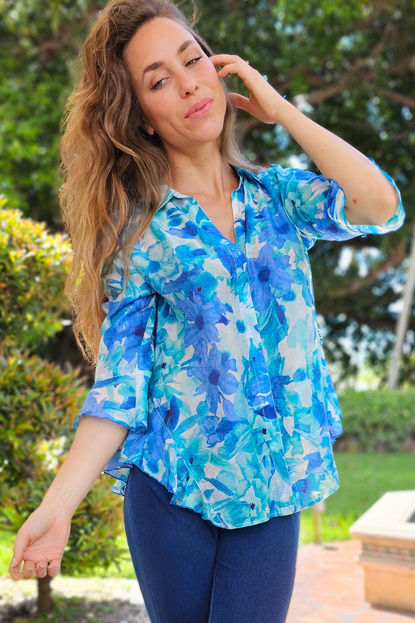 blue floral blouse