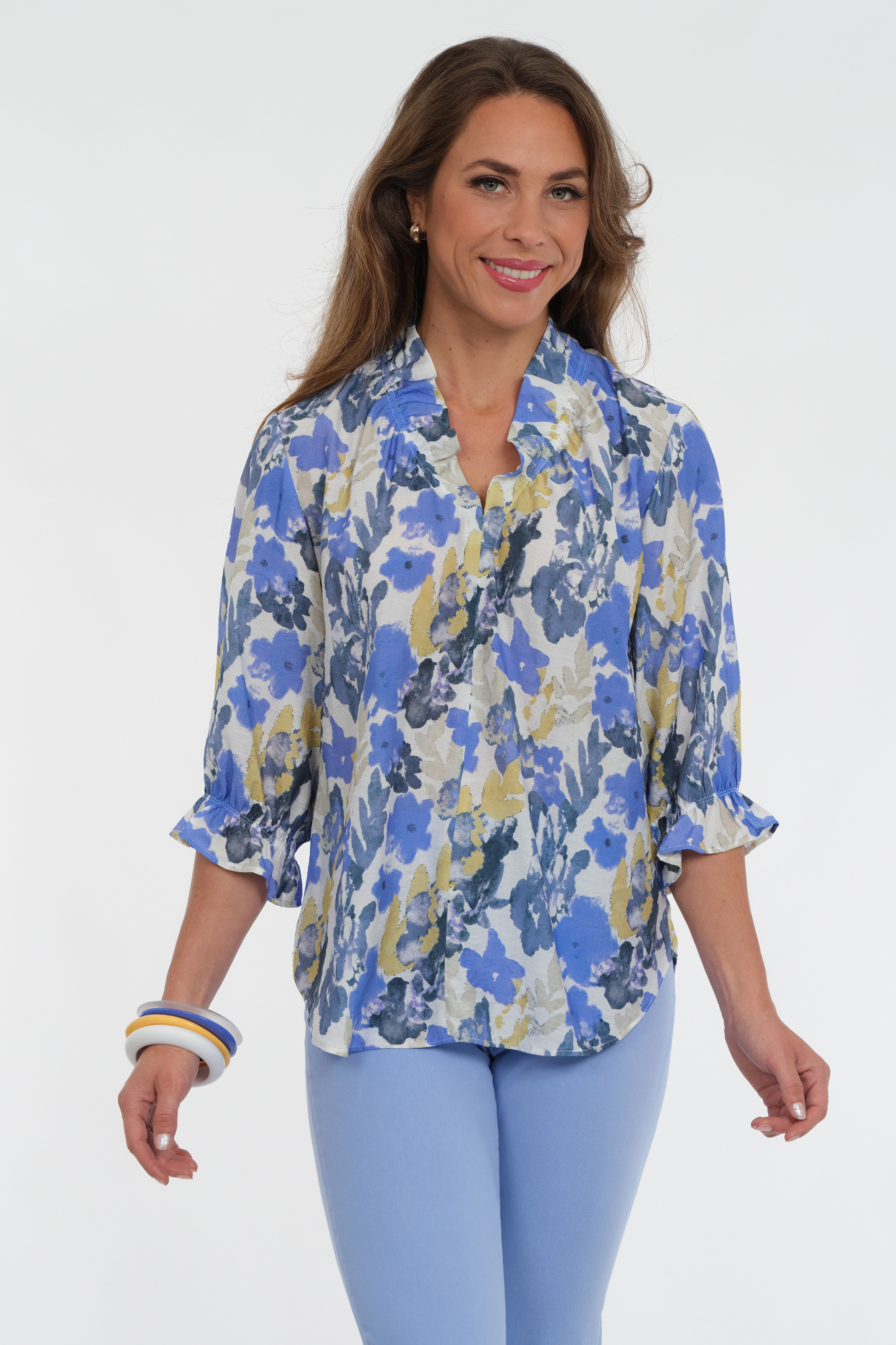 Women's 3/4 Ruffle Sleeve & V-Neck Blouse Blue Foral Print- Harper