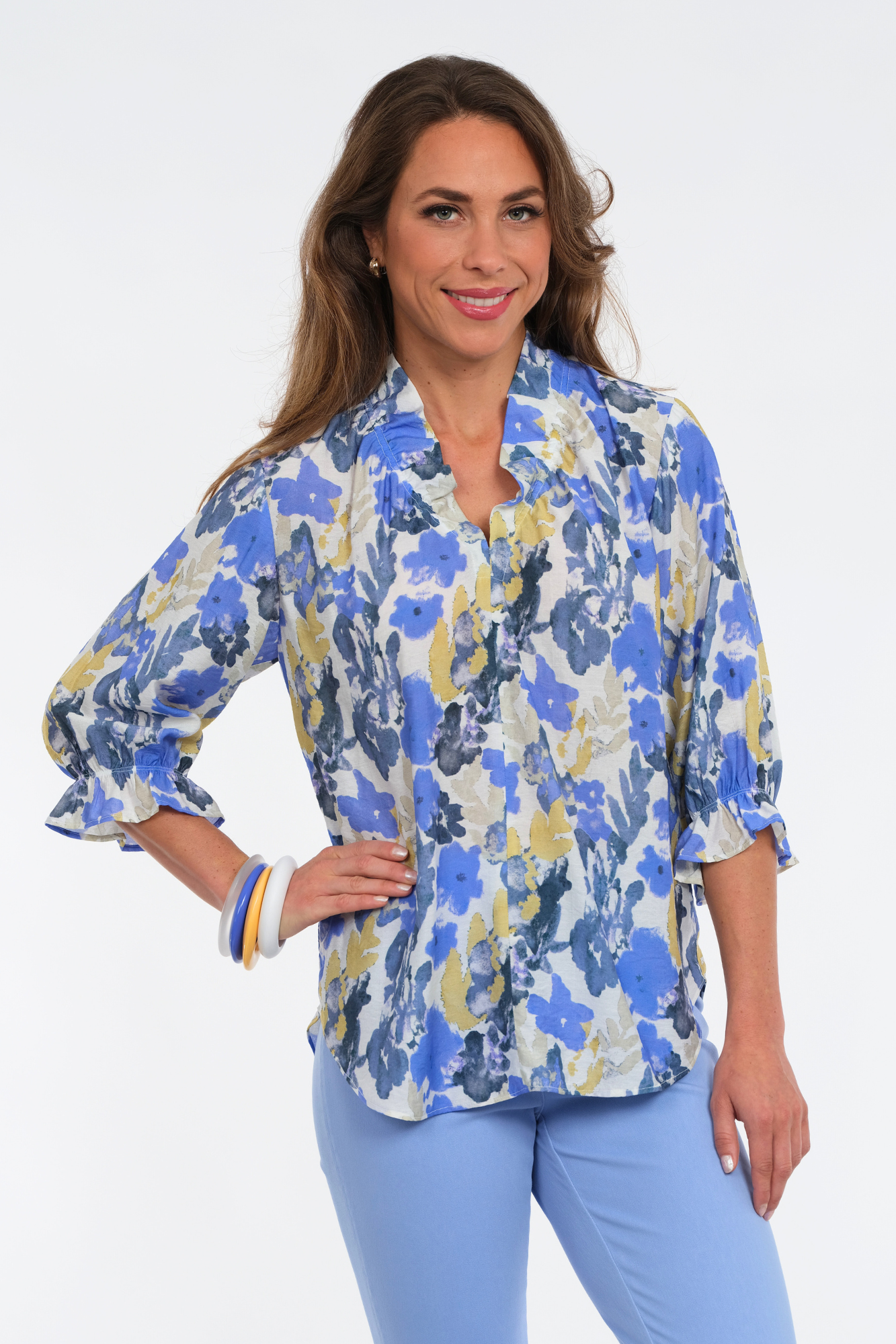 Women's 3/4 Ruffle Sleeve & V-Neck Blouse Blue Foral Print- Harper