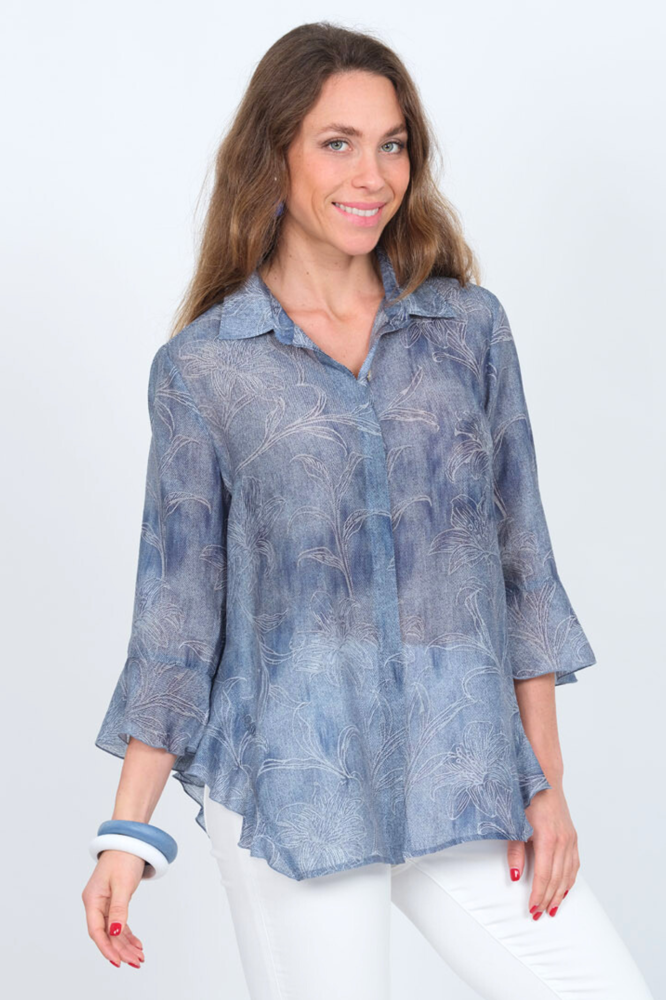 LIOR Women's Blue Leaf Print Blouse With 3/4 Flowy Sleeves & Side Flounce - "Happy"
