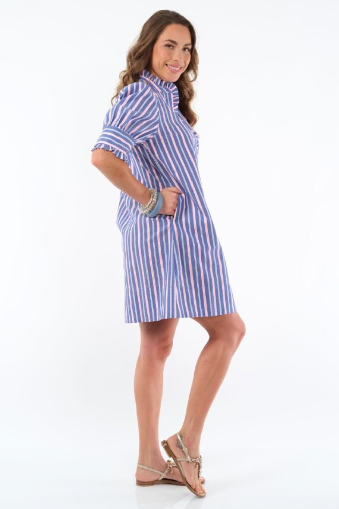 Women's Blue & Pink Ruffle Neck Dress Knee Length - "Dai"