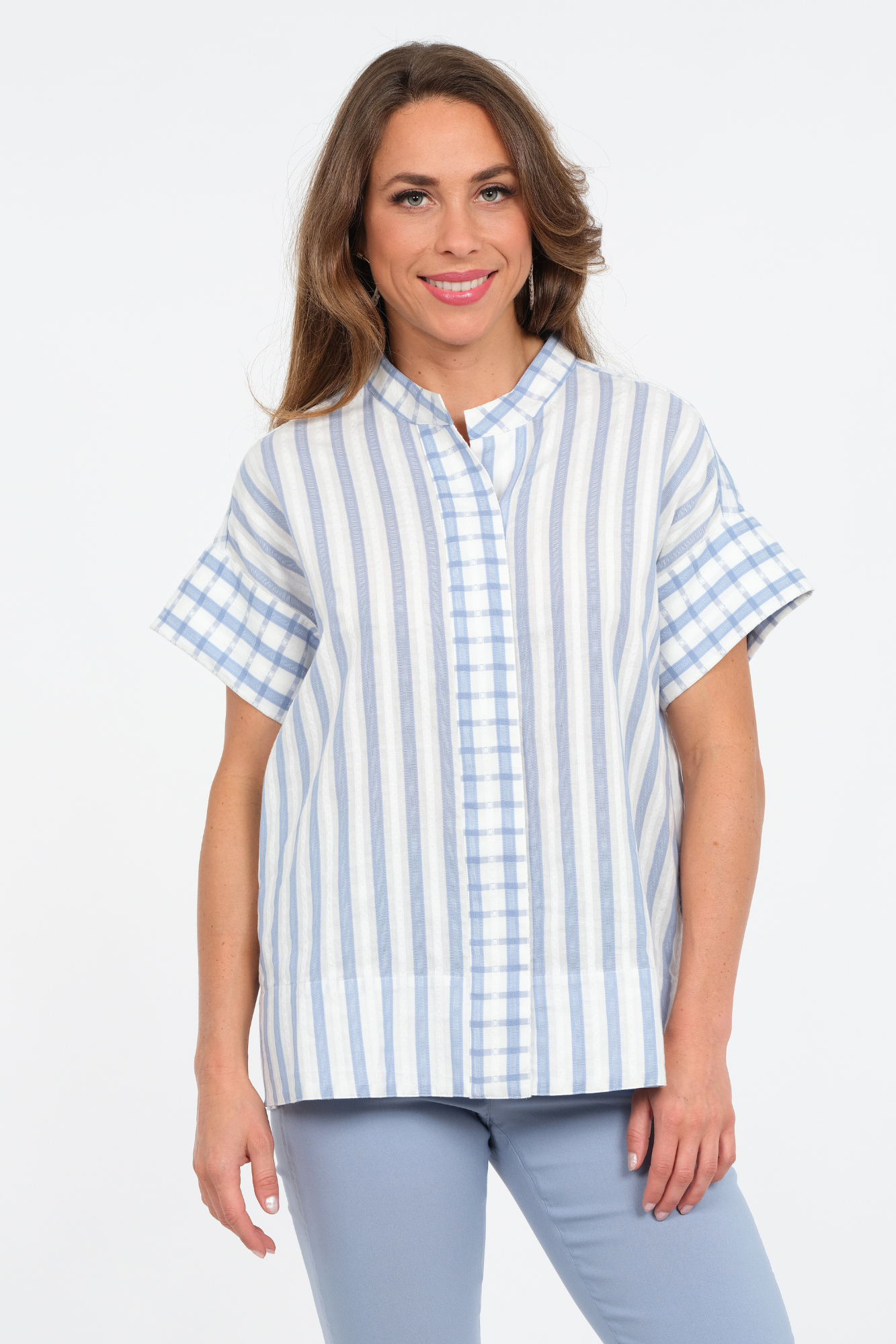LIOR Women's Short Sleeve Blue Striped Tunic Top With Side Pockets - "Heart"
