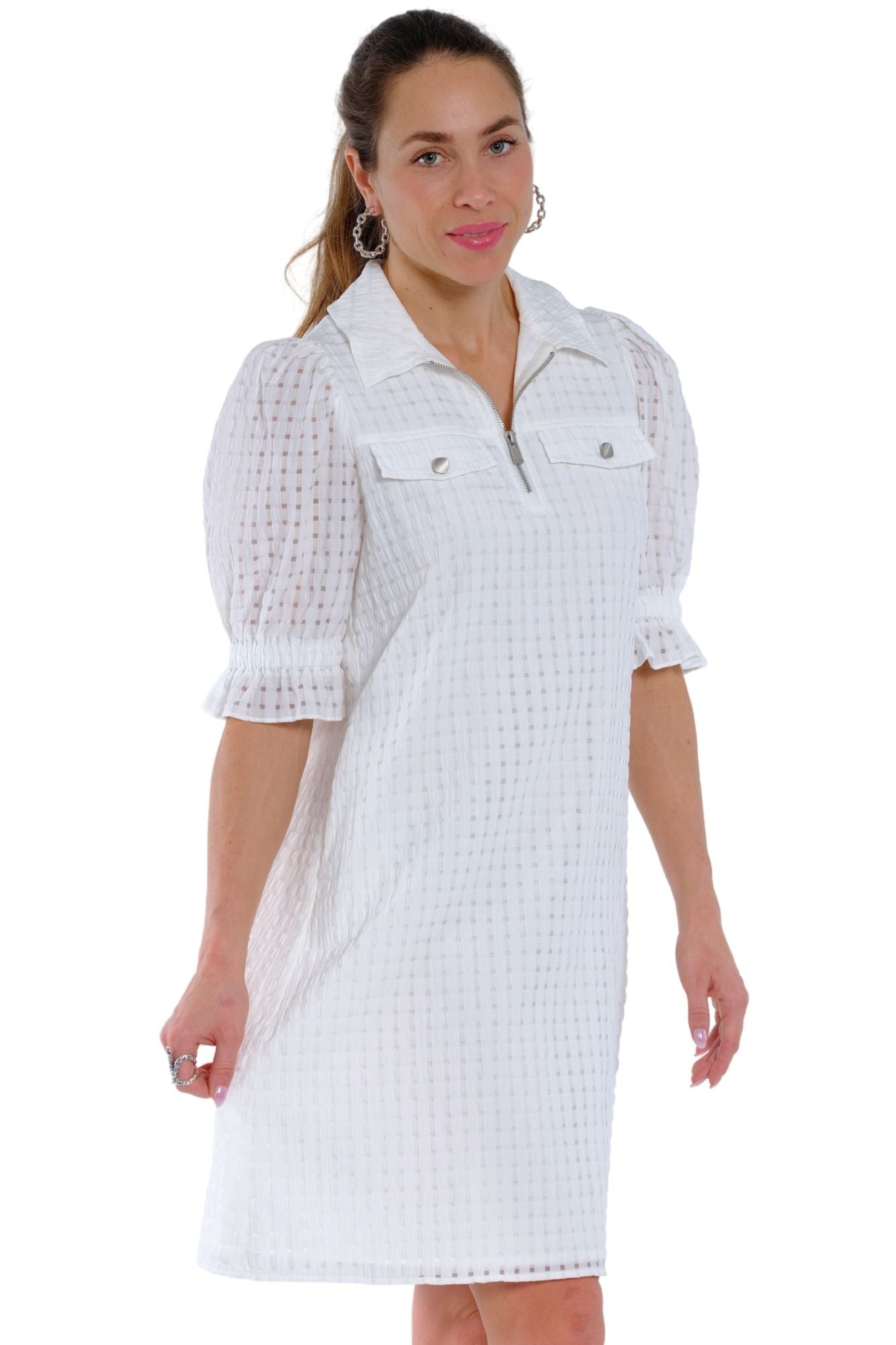 LIOR Camila white textured half-zip midi dress for women with collared neckline and relaxed fit