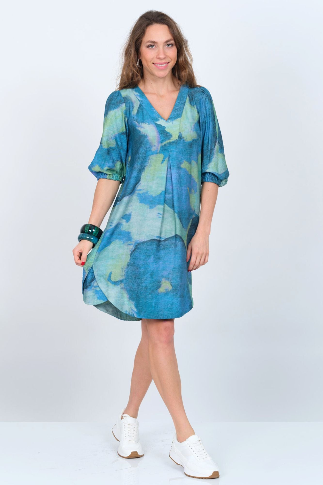 LIOR Women's Blue Knee Length Dress With Scallop Neck & Puff Sleeves Side Pockets - "Cass"