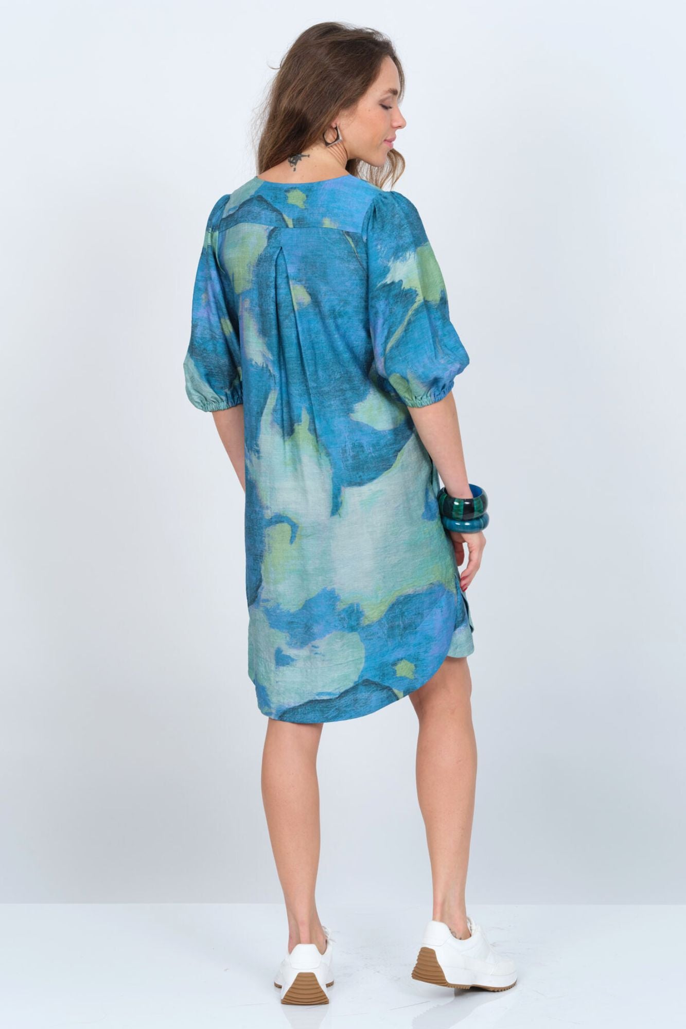 LIOR Women's Blue Knee Length Dress With Scallop Neck & Puff Sleeves Side Pockets - "Cass"