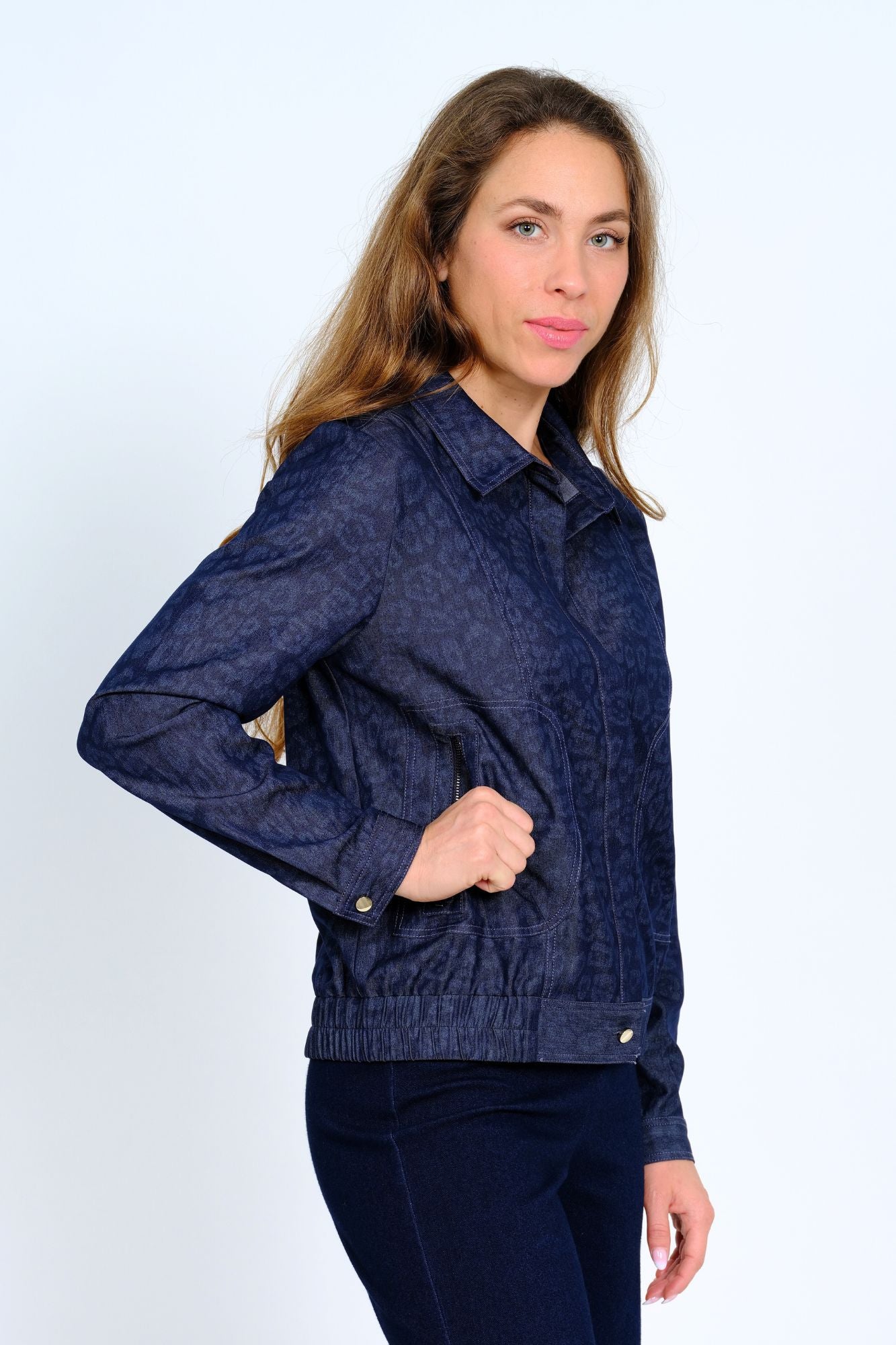 LIOR Navy Embossed Animal Print Jacket With Roll Tab Sleeves - "Clover"