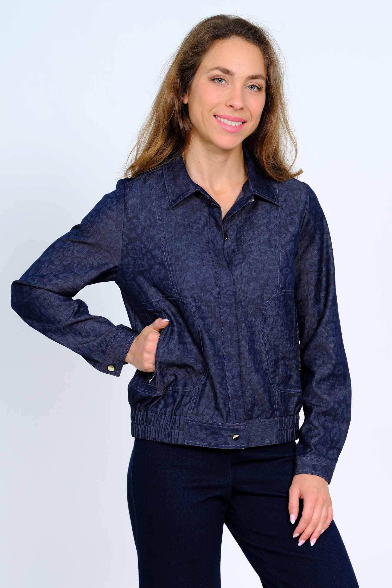 LIOR Navy Embossed Animal Print Jacket With Roll Tab Sleeves - "Clover"